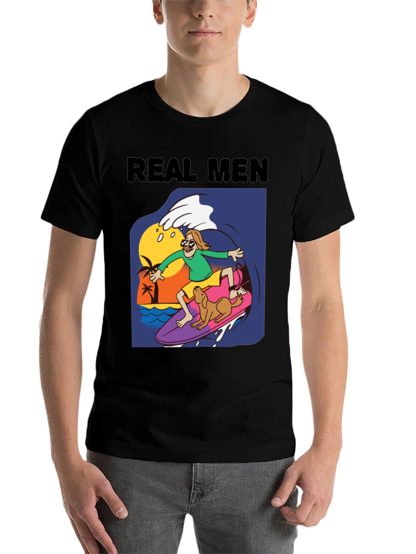 Black Real Men Surf Tee - Novelty Cartoon Graphic T-Shirt view 7