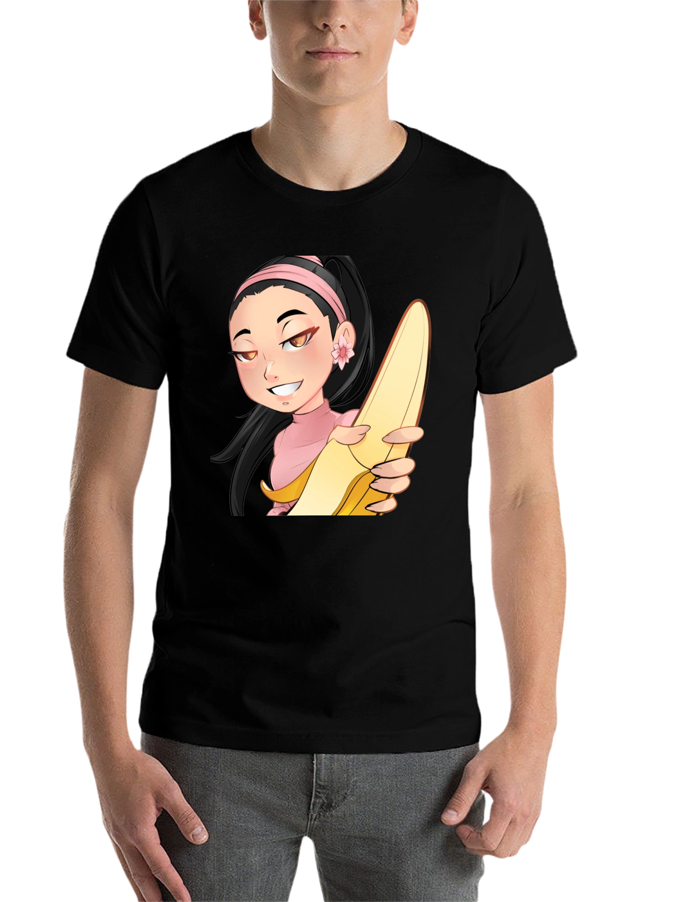 Black Anime Girl with Banana Black T-Shirt view 7