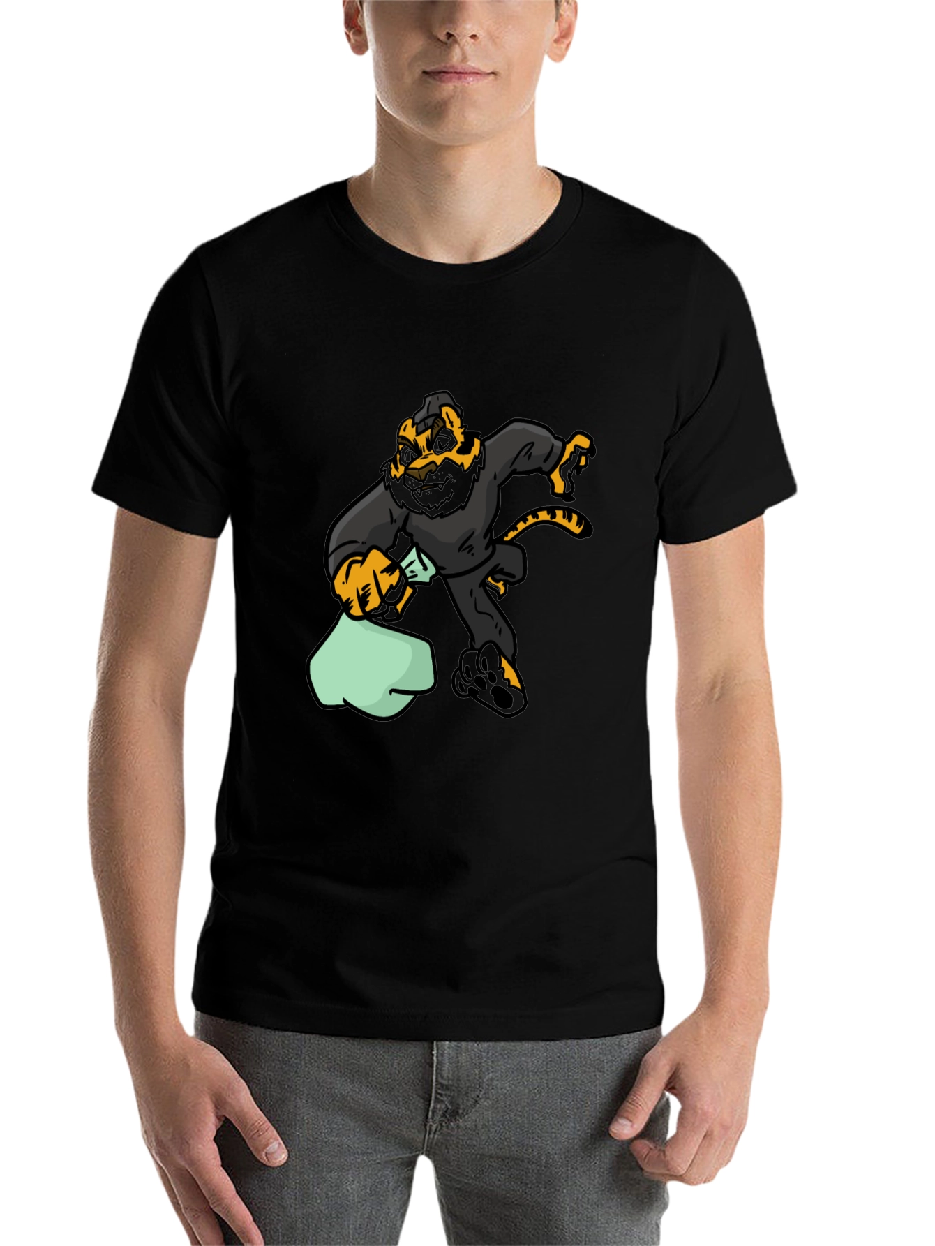 Black Cartoon Tiger Thief Graphic Tee - Black Cotton T-Shirt view 7