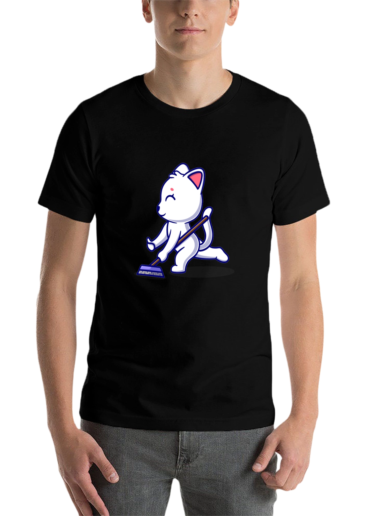 Black Cute Cat Cleaning T-Shirt - Black Cotton Tee view 7