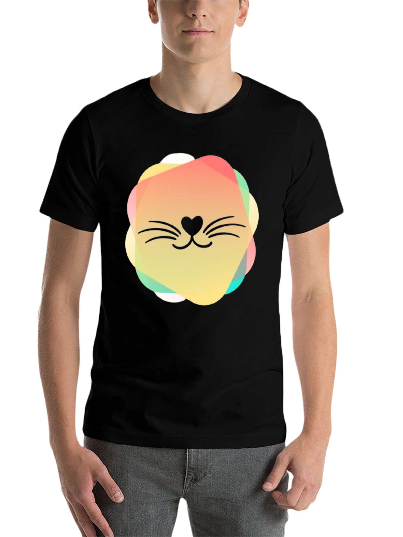Black Cute Cat Face Graphic Black T-Shirt view 7