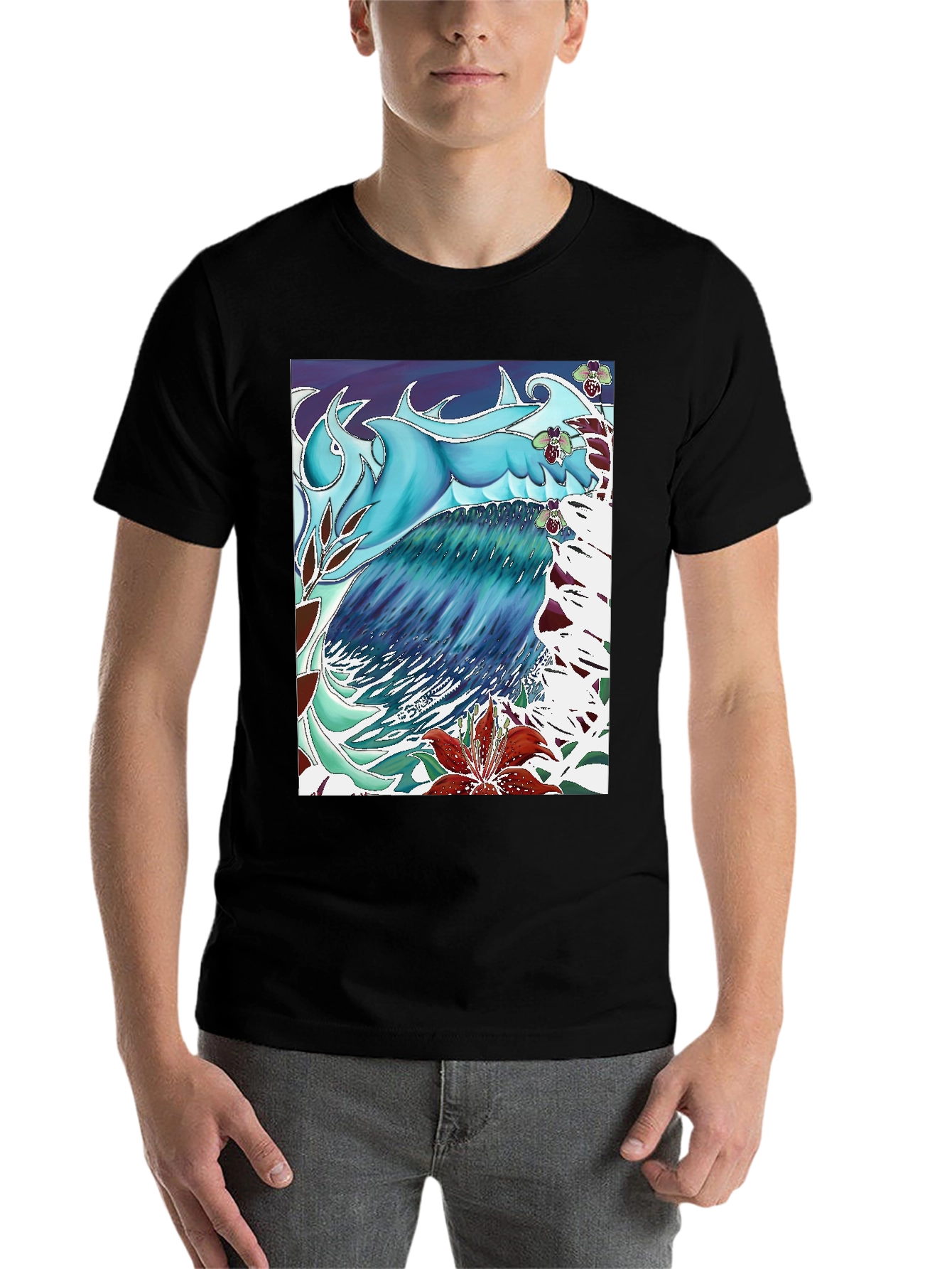 Black Ocean Wave Art T-Shirt - Cool Blue Design view 7