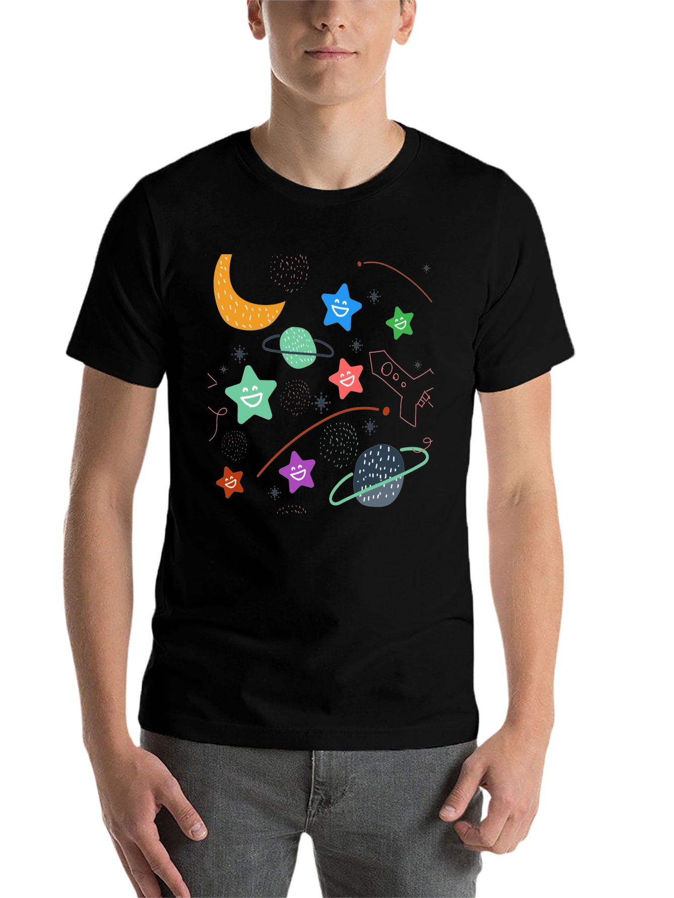 Black Cosmic Smiles Black T-Shirt: Stars, Planets, Rocket Fun! view 7