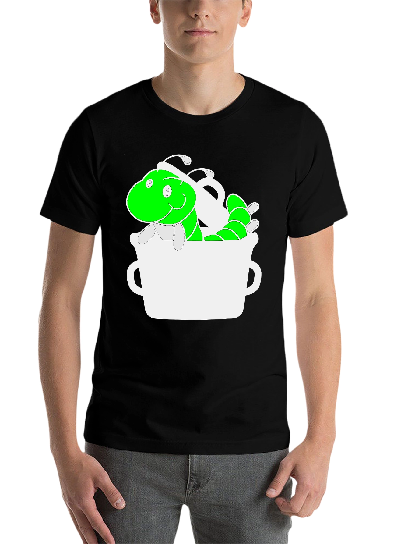 Black Funny Green Worm in Mug Graphic Tee view 7