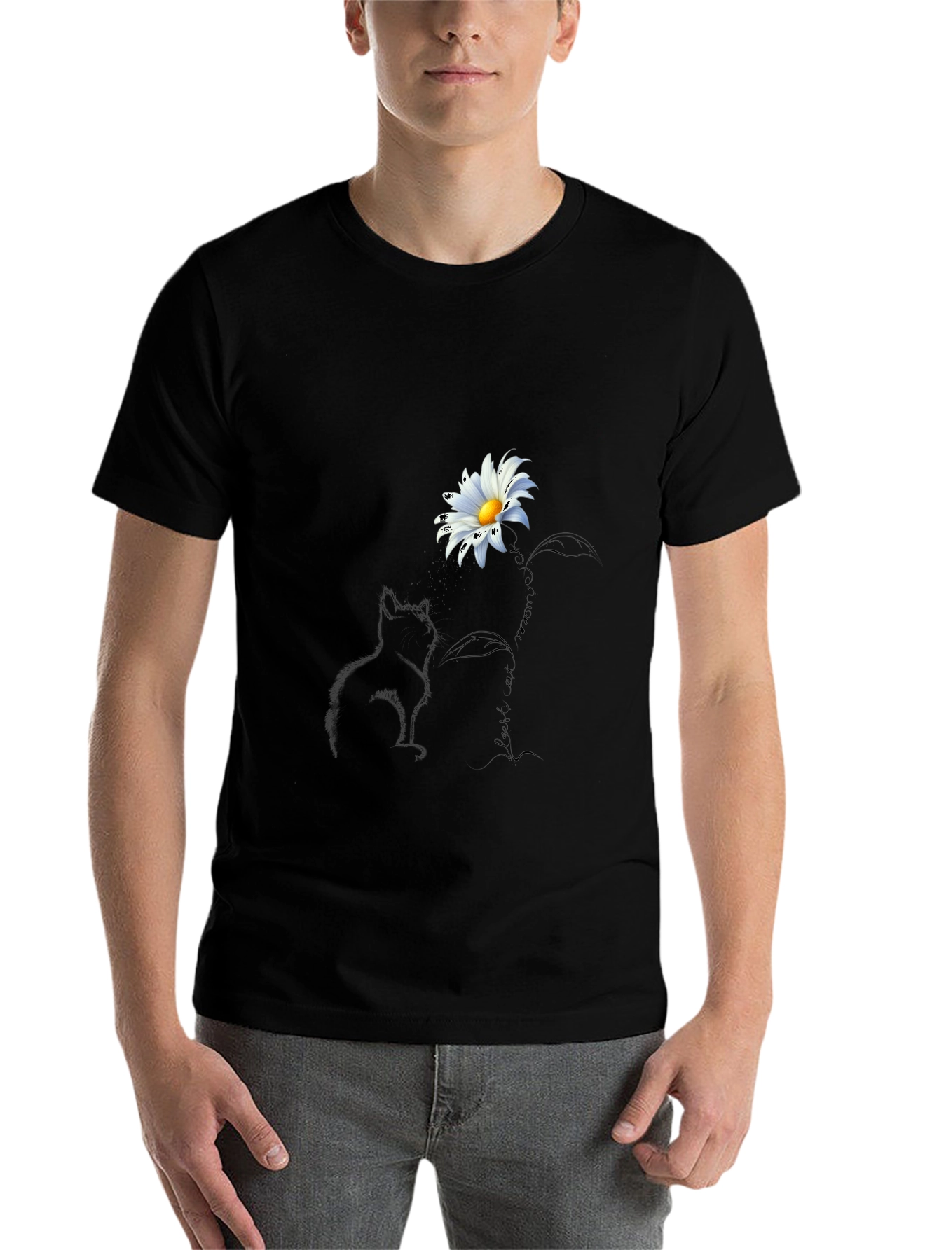 Black Black T-Shirt with Cat and Daisy Design view 7