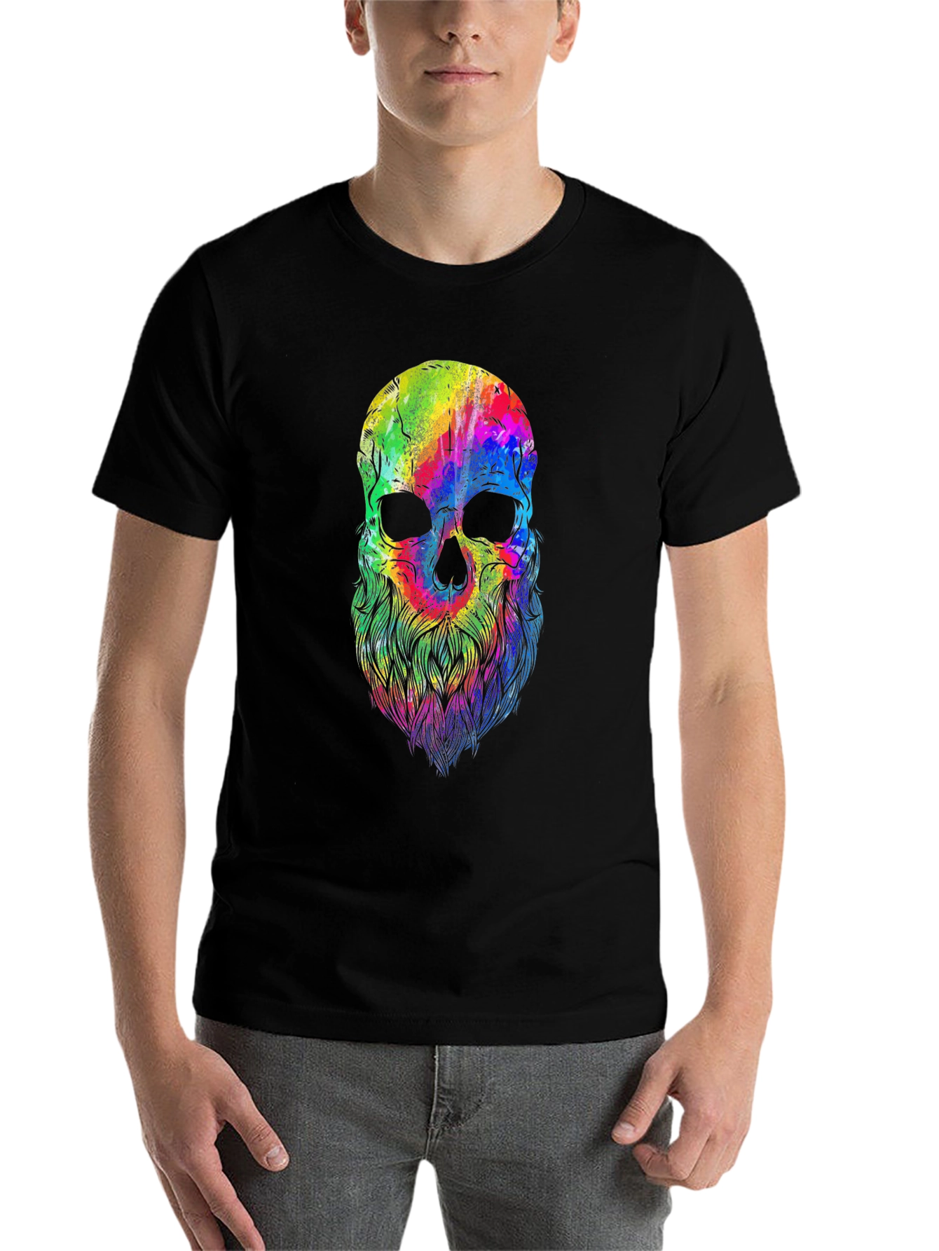 Black Colorful Skull Beard Graphic T-Shirt view 7