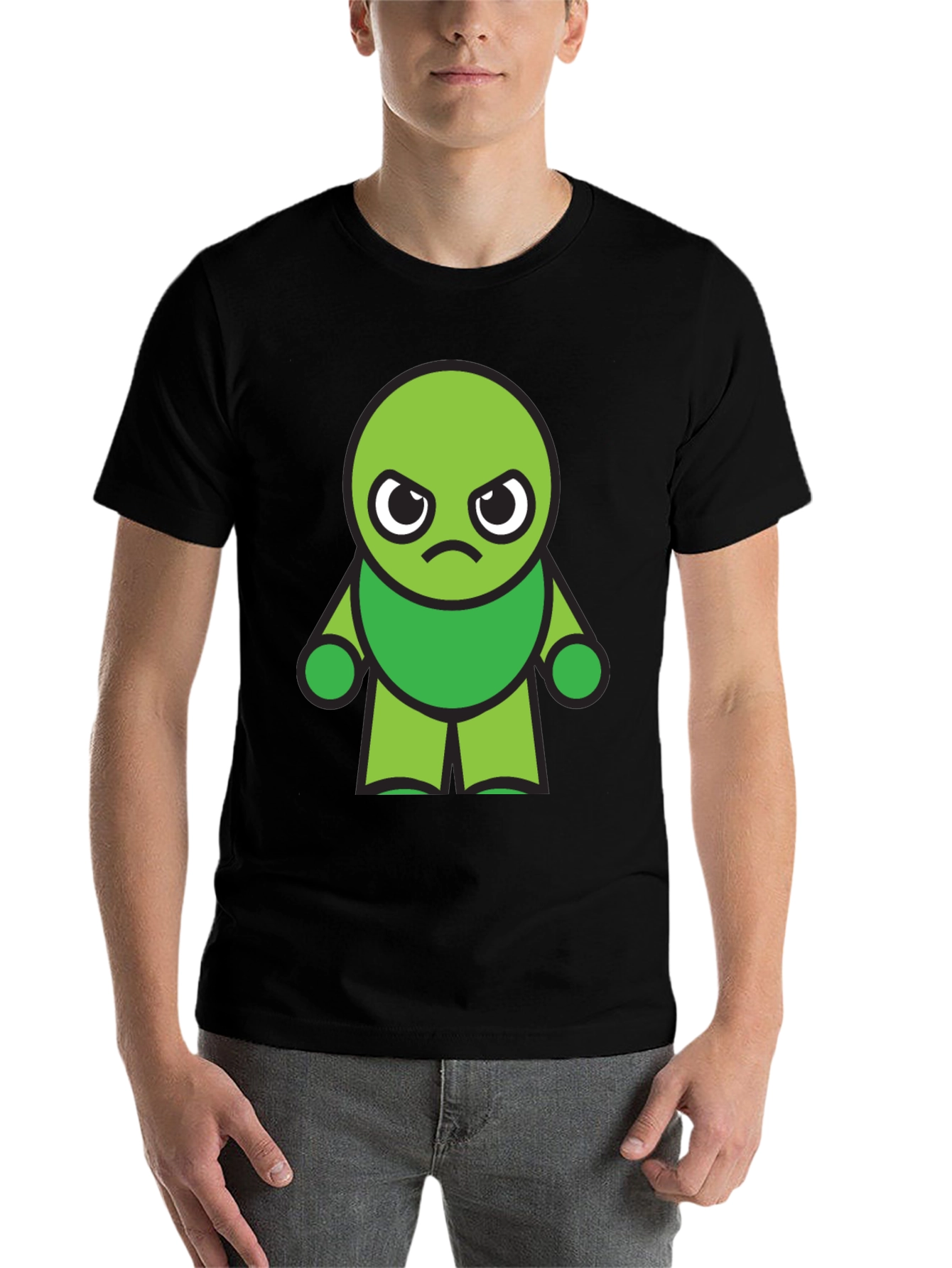 Black Grumpy Green Cartoon Character Black T-Shirt view 7