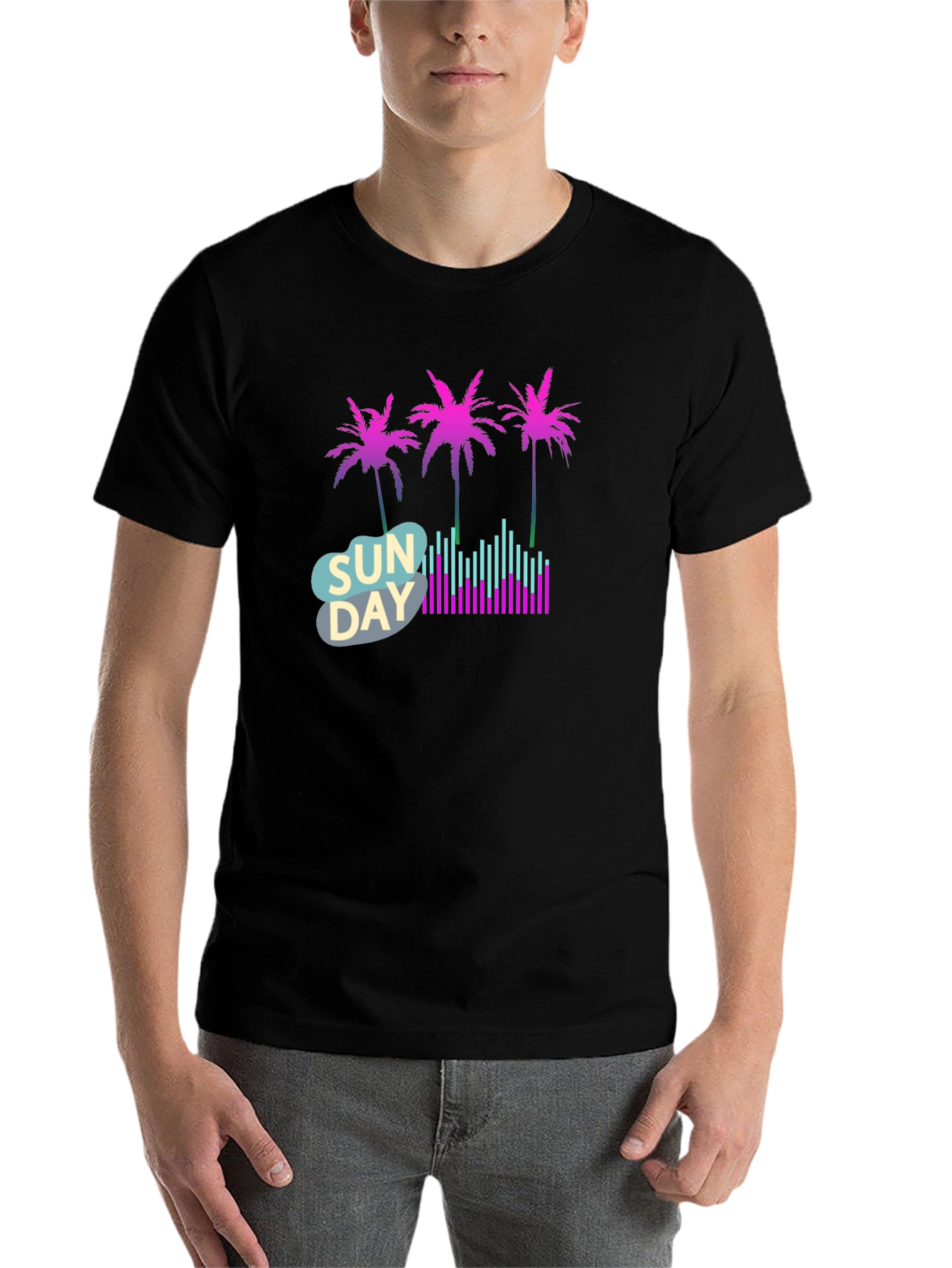 Black Retro Sunday Vibes T-Shirt - Palm Trees & Soundwaves view 7