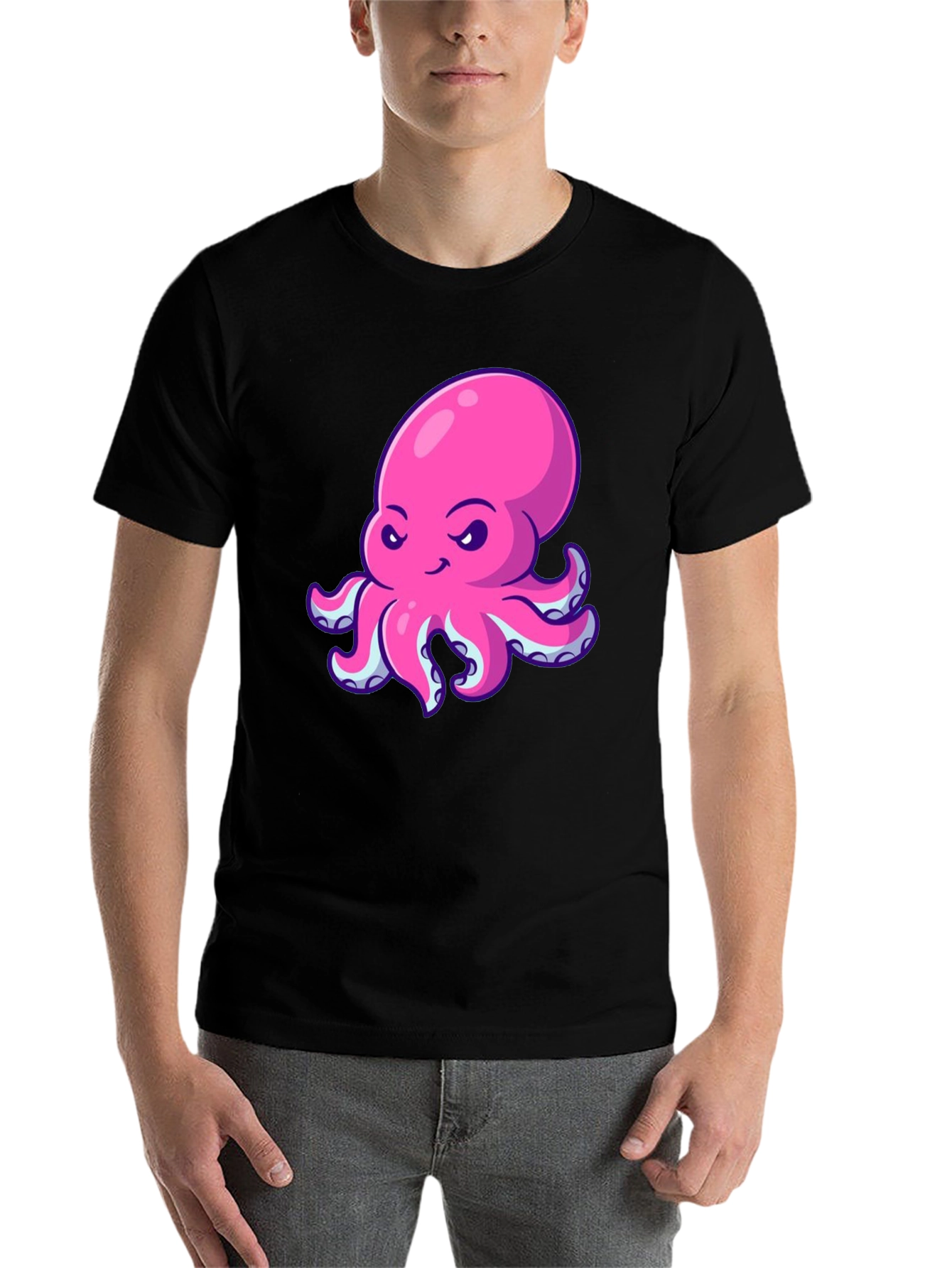 Black Pink Octopus Graphic Print Black T-Shirt view 7