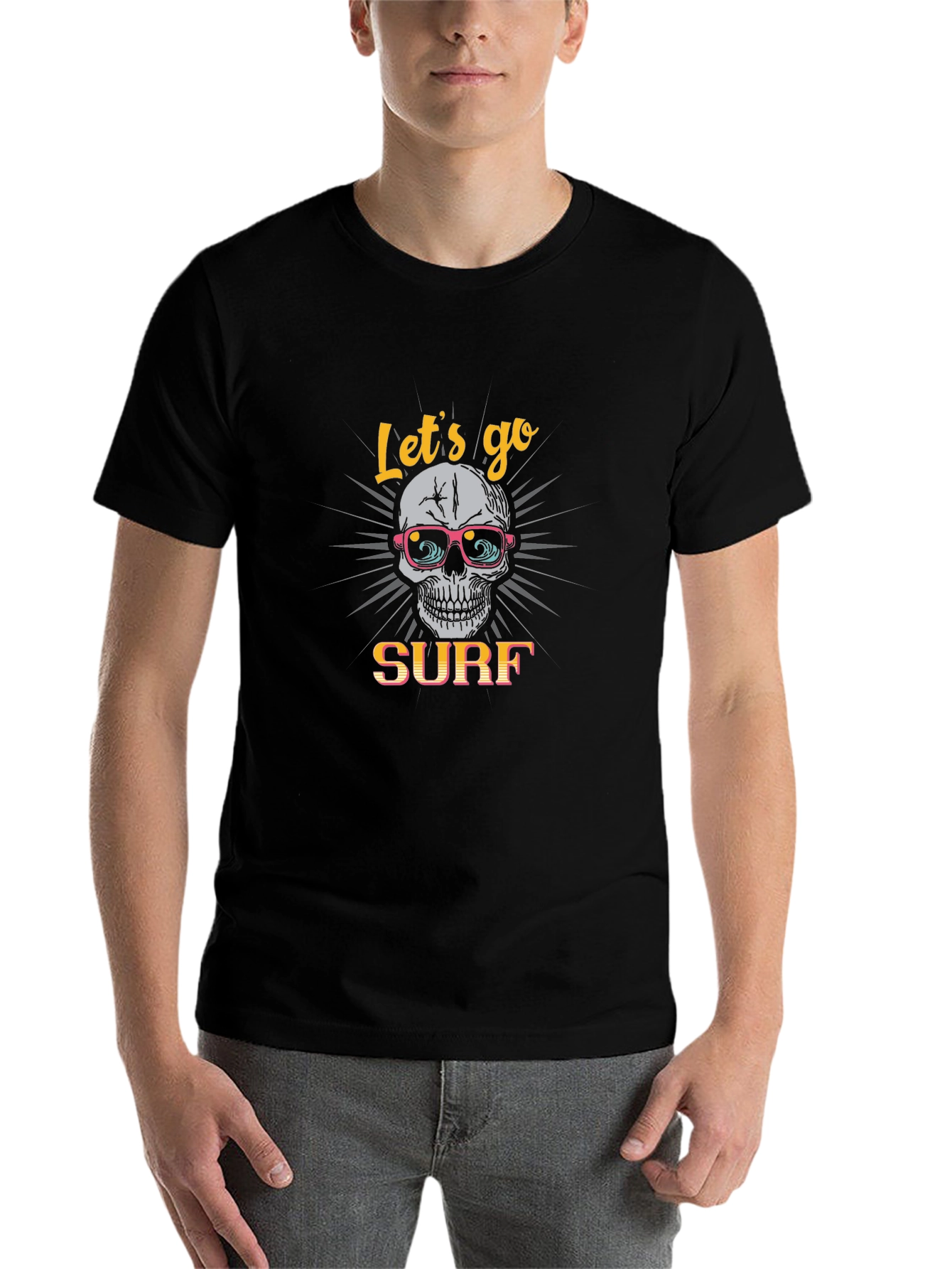 Black Skull Surf T-Shirt - Black Cotton Tee view 7