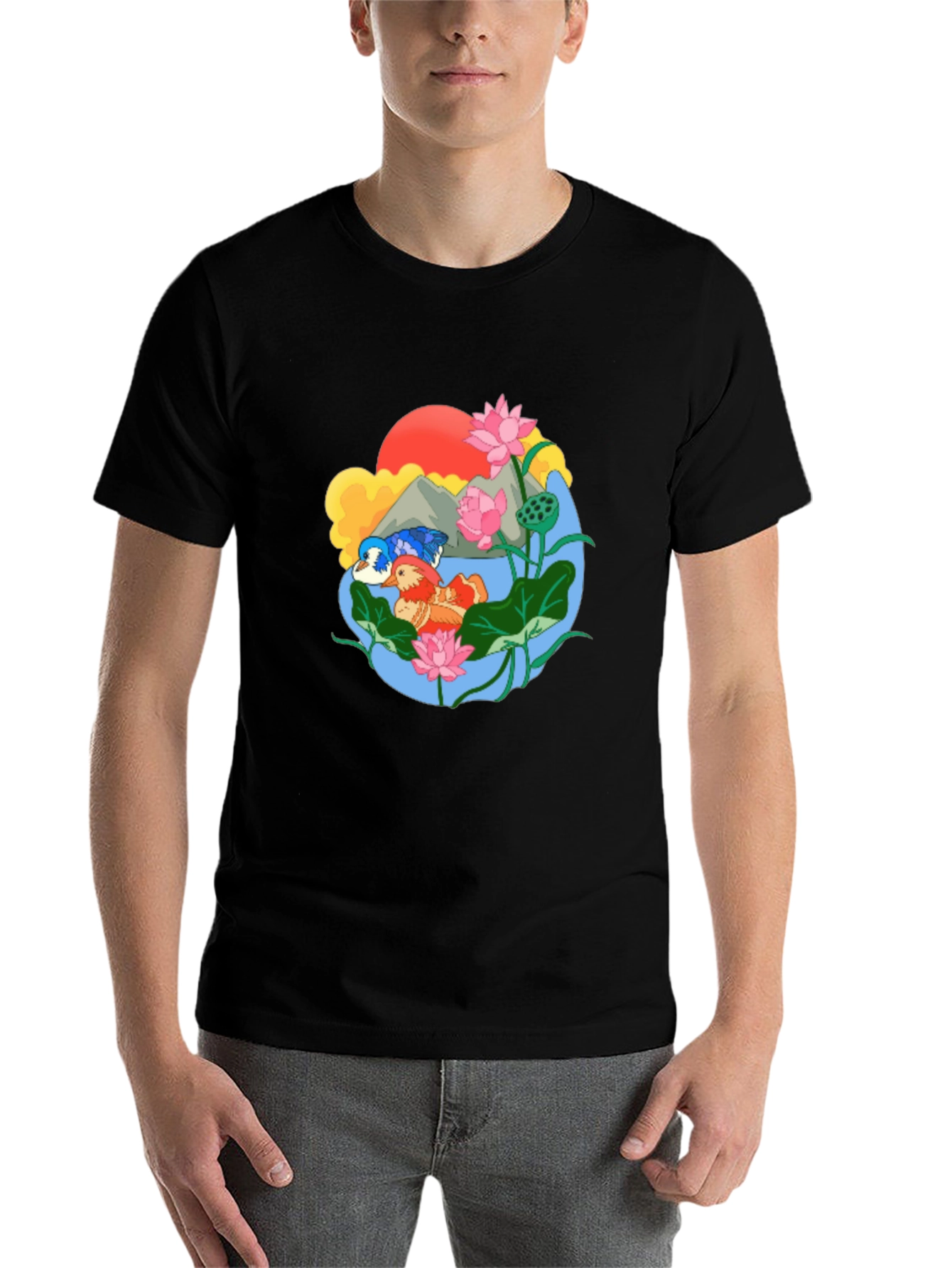 Black Mandarin Duck Lotus Pond Graphic Tee view 7