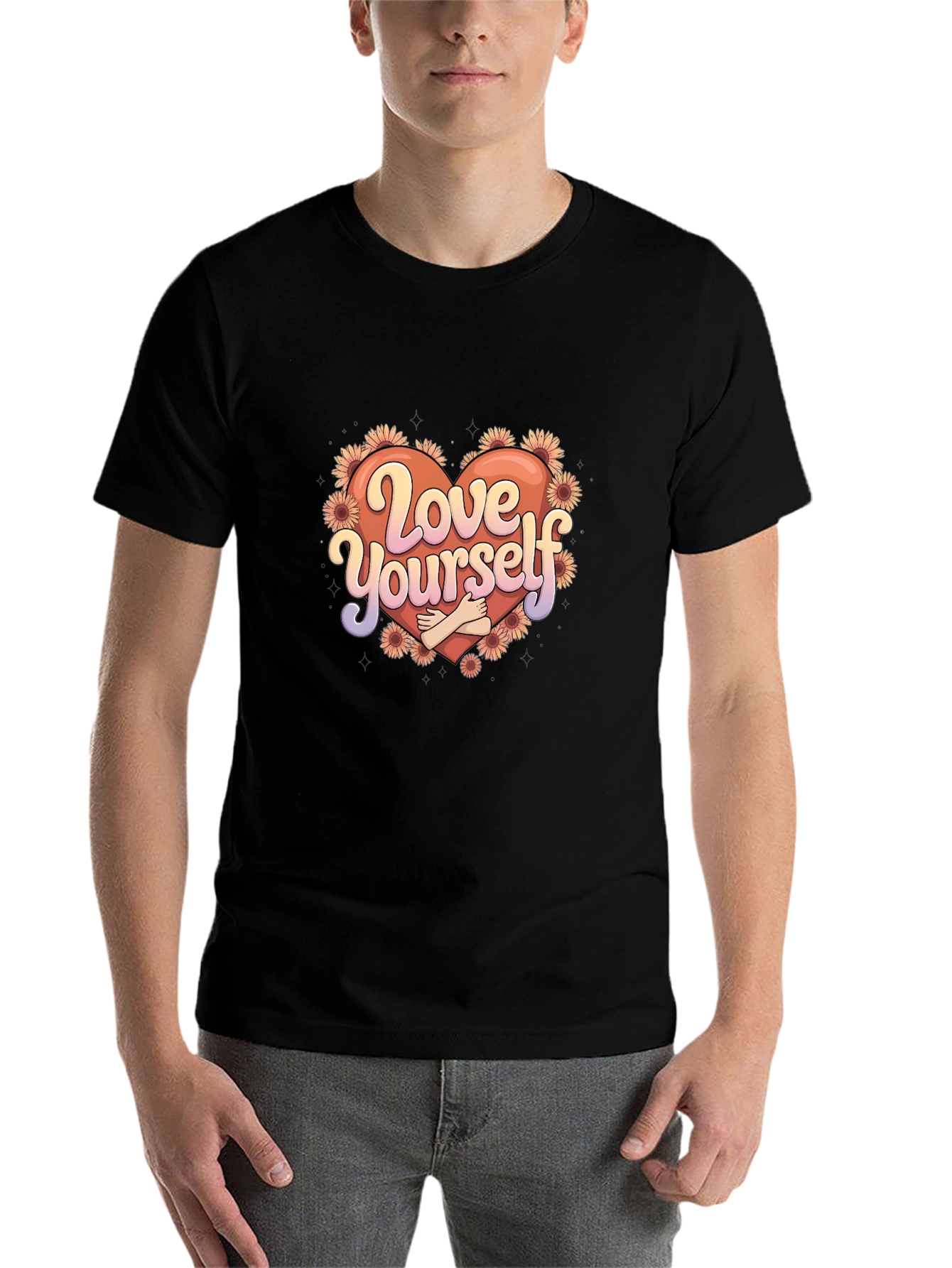 Black Love Yourself Graphic Tee - Heart & Flowers view 7