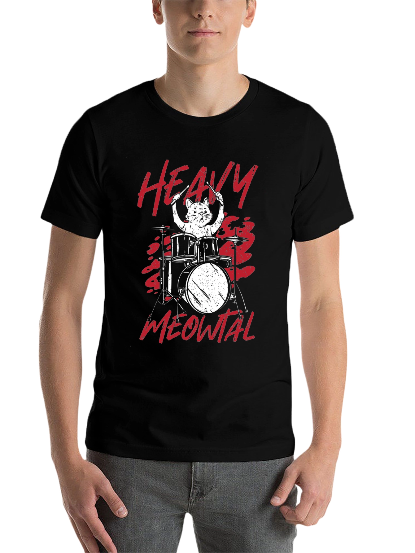 Black Heavy Meowtal Cat Drummer T-Shirt view 7