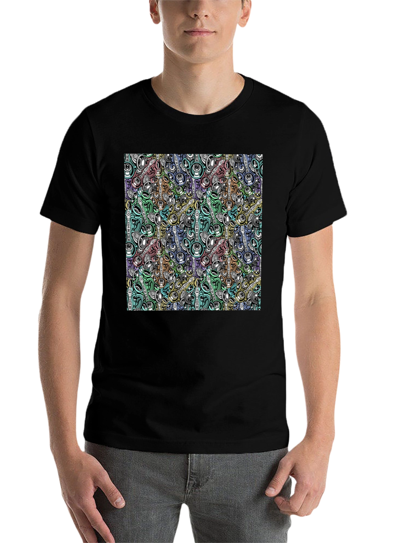 Black Abstract Music Pattern Black T-Shirt view 7