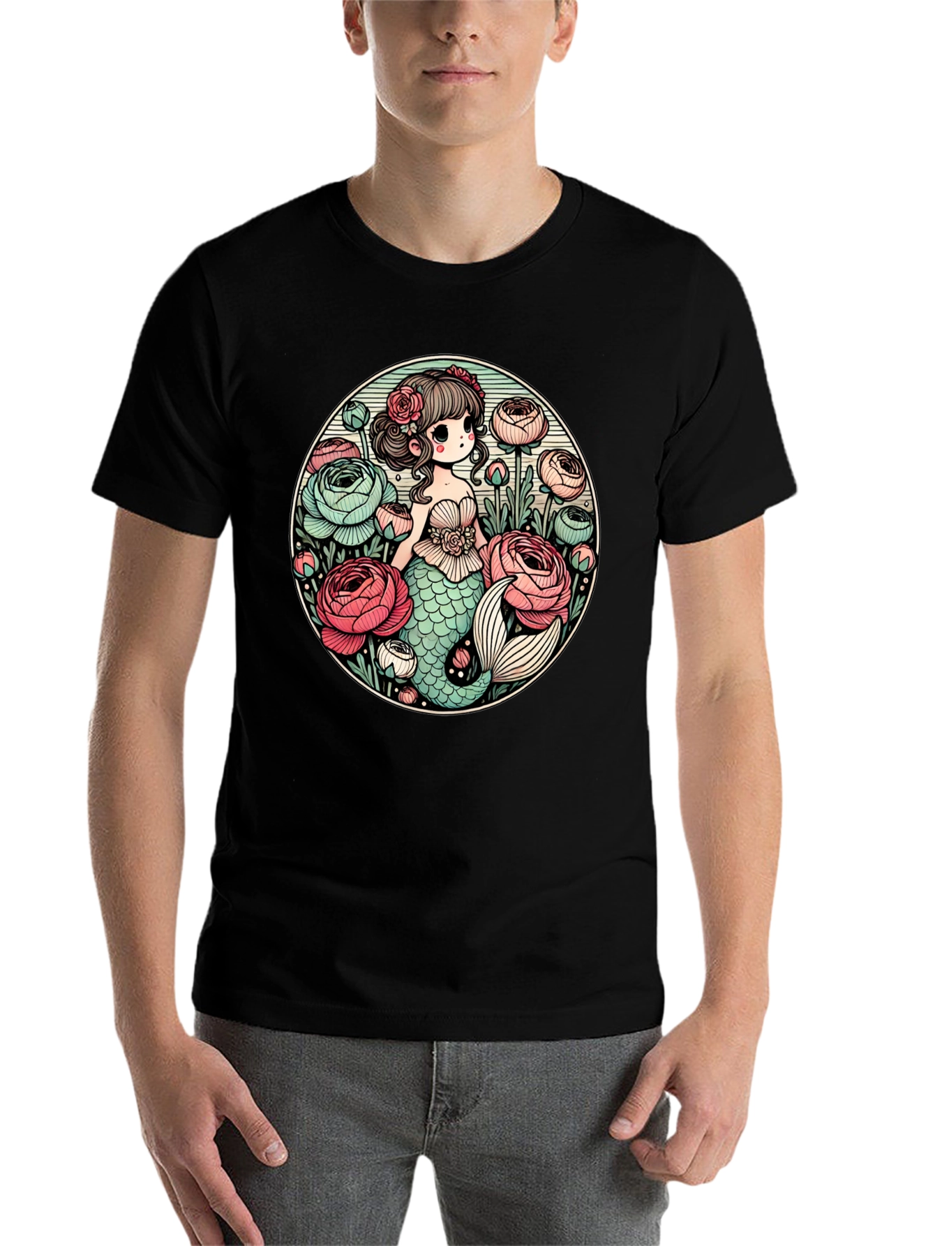 Black Mermaid & Flowers Graphic Tee - Black view 7