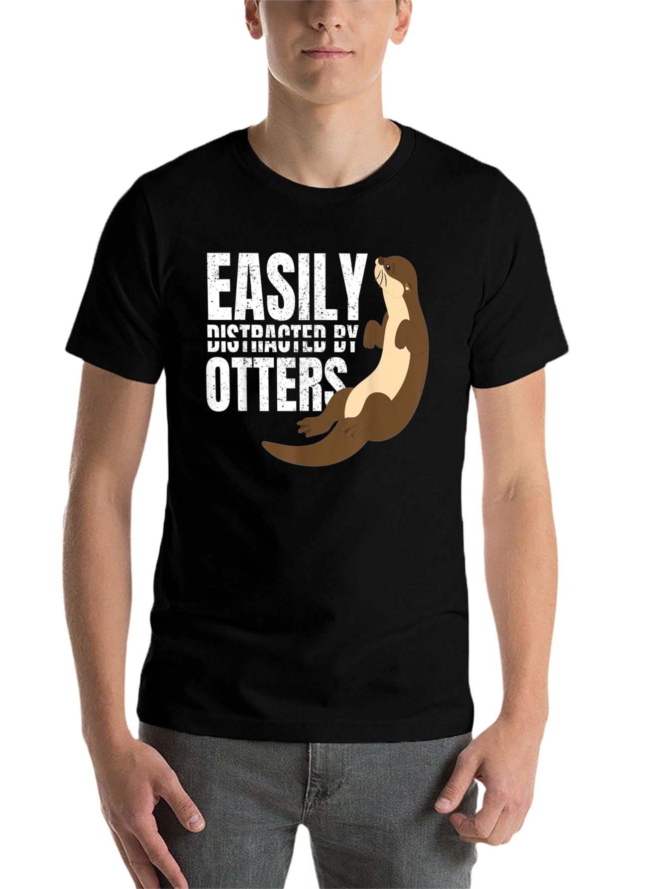 Black Easily Distracted By Otters Funny Graphic Tee view 7