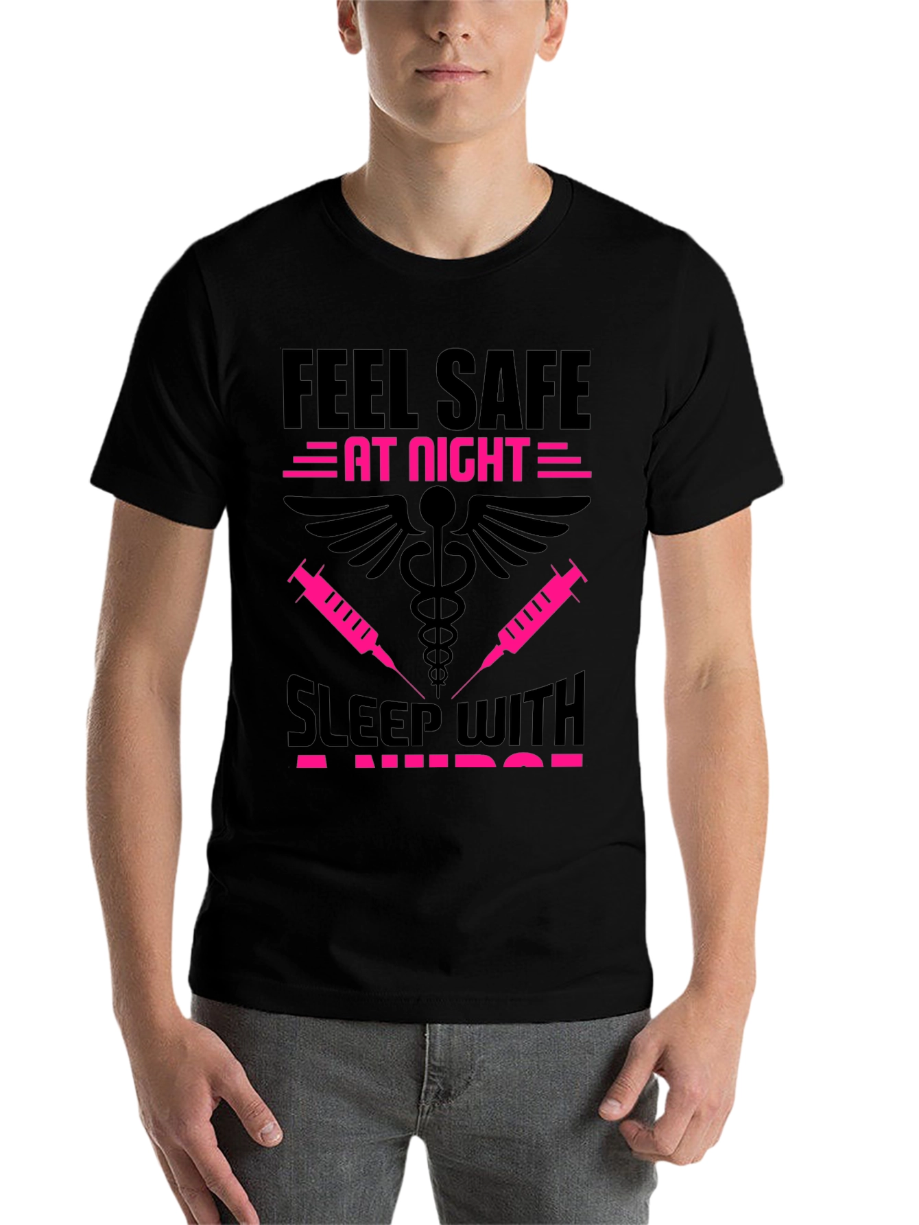 Black Feel Safe Sleep With A Nurse Black T-Shirt view 7