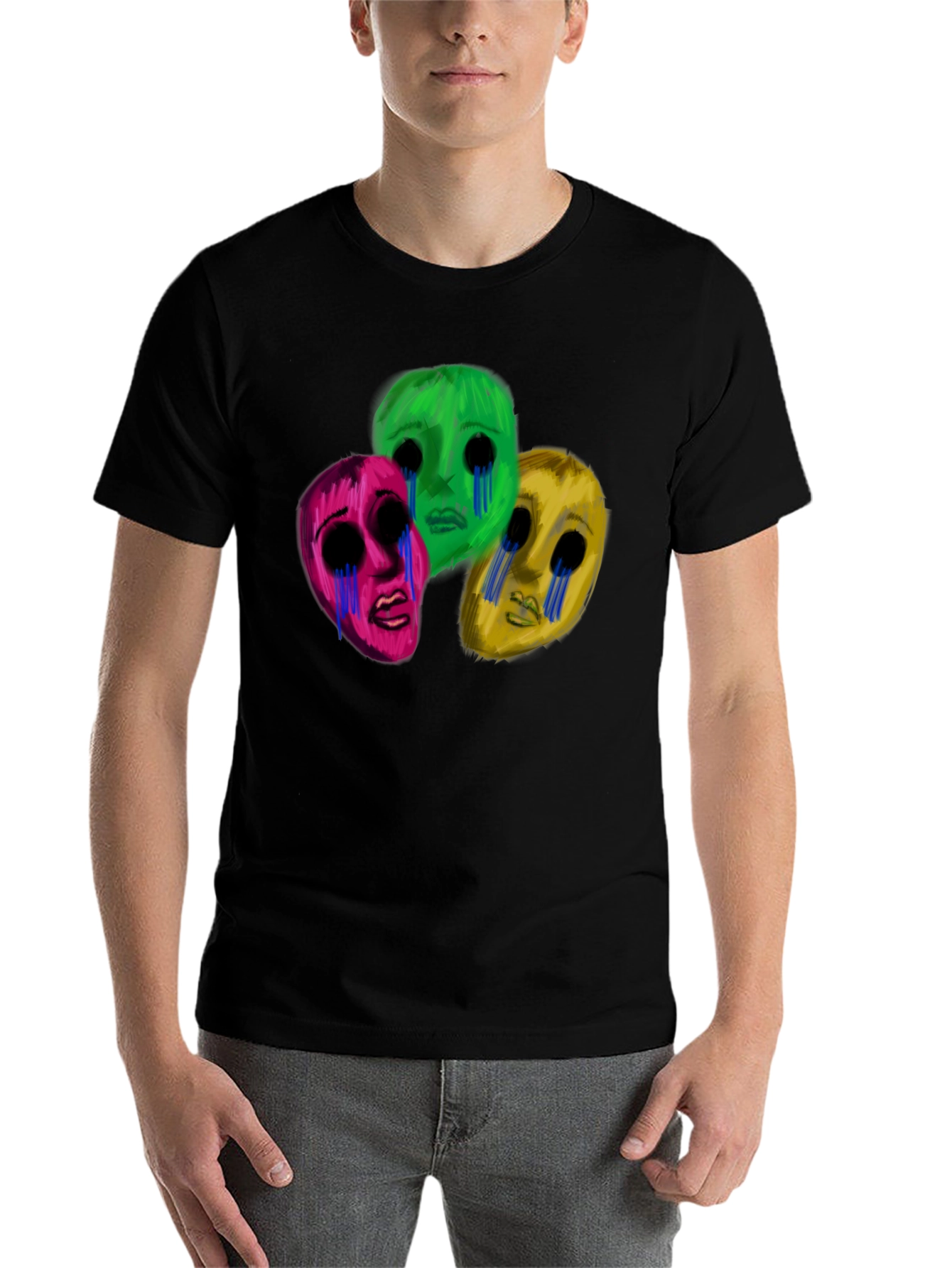 Black Men's Black T-Shirt with Three Crying Faces view 7