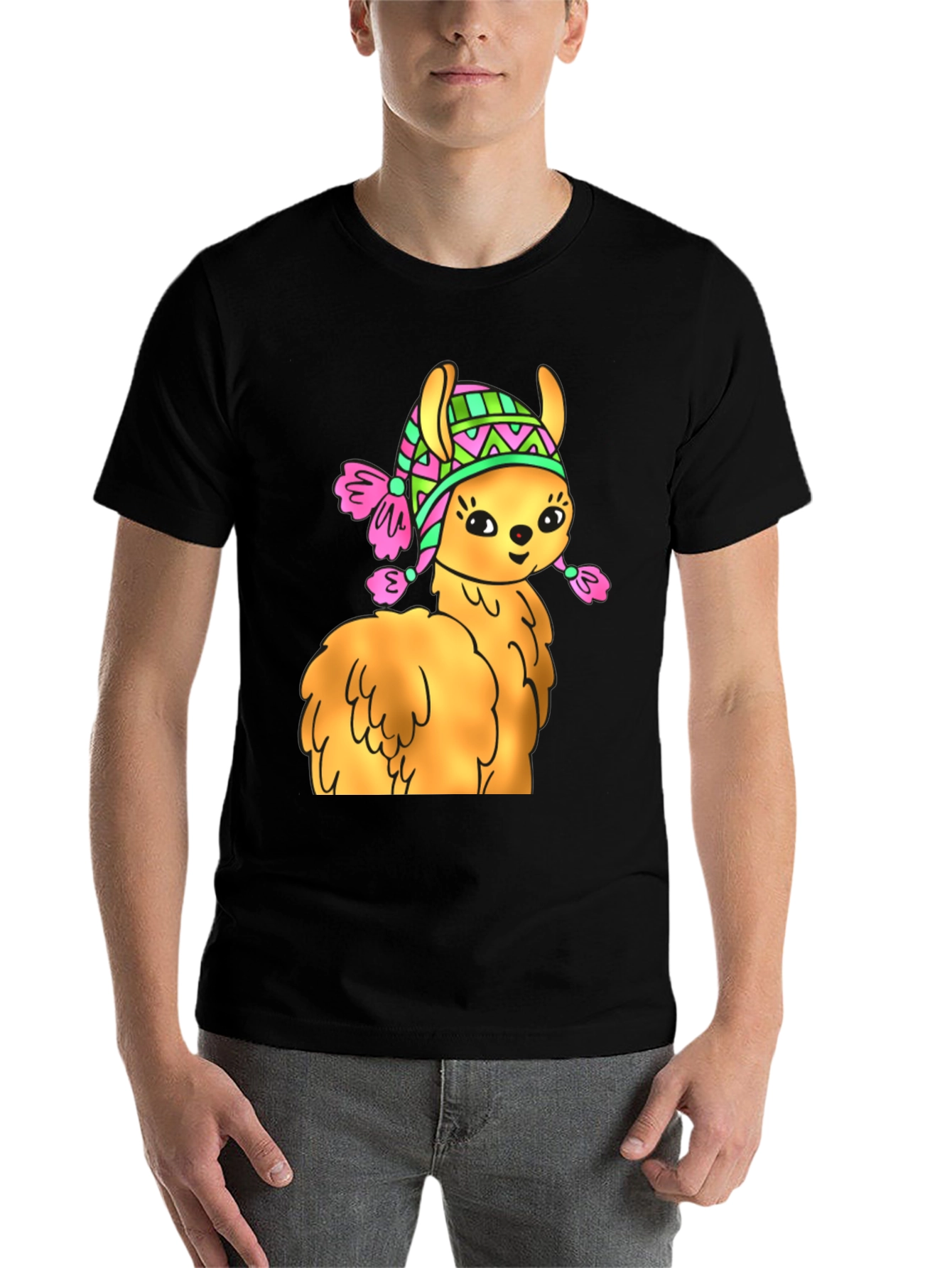 Black Cute Llama Wearing Hat T-Shirt view 7