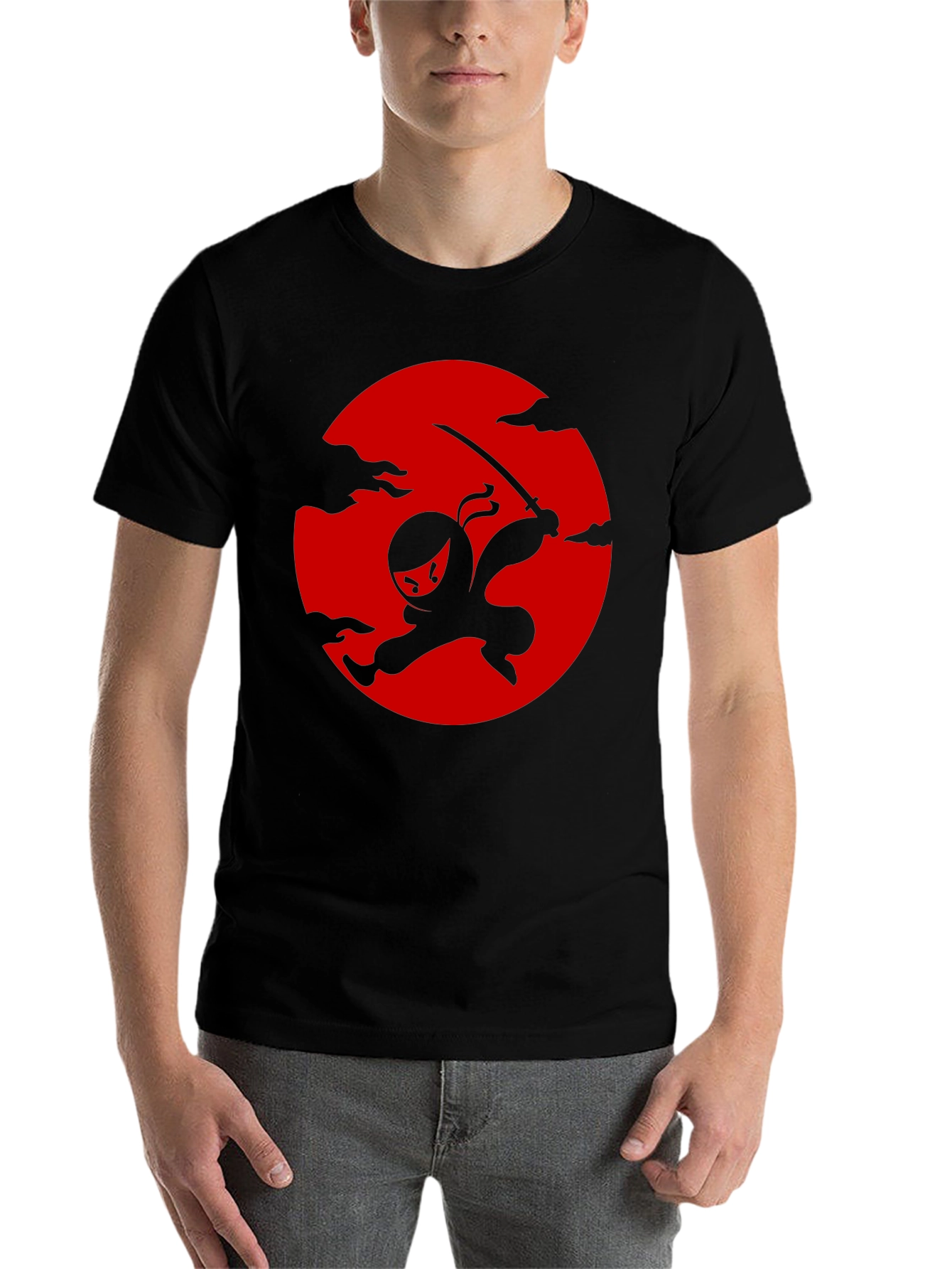 Black Ninja Silhouette Graphic Tee - Black Cotton T-Shirt view 7