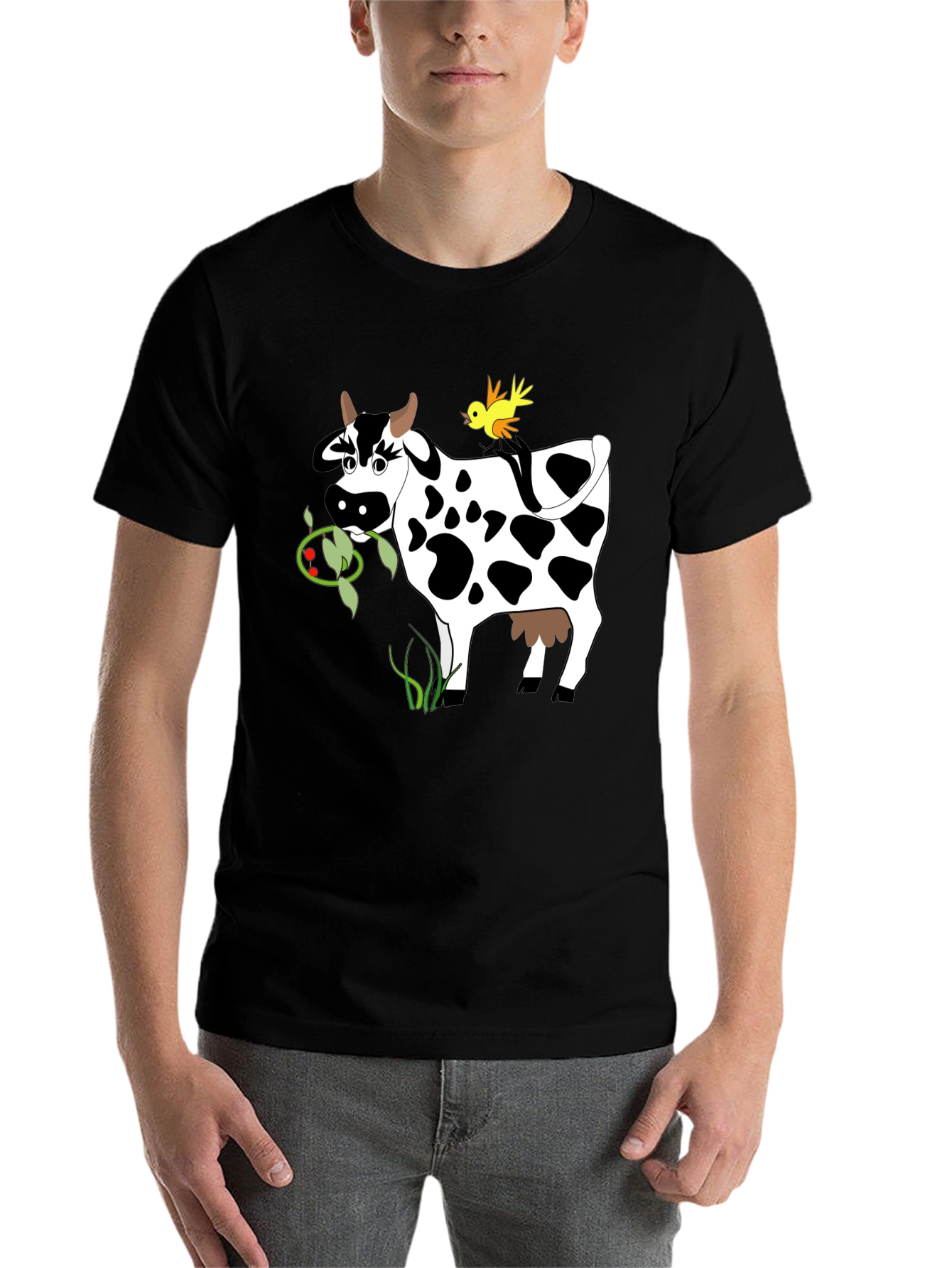 Black Cow & Bird Graphic Tee - Black Cotton T-Shirt view 7