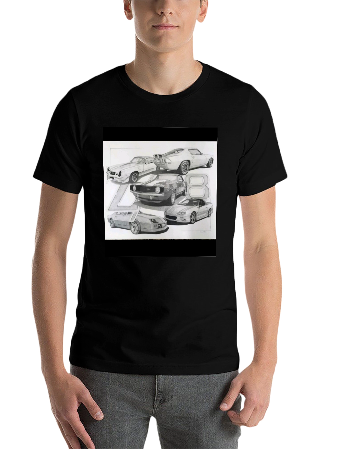 Black Classic Car Sketch Black Tee view 7