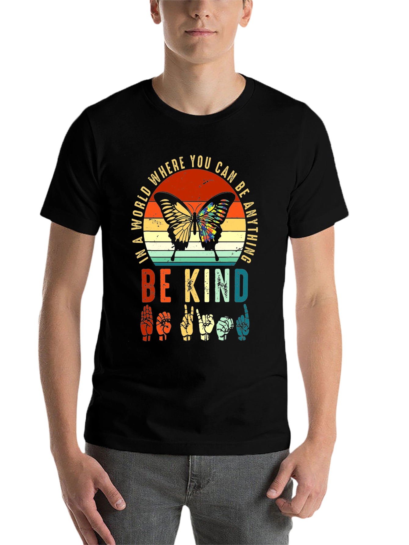 Black Be Kind Sign Language Butterfly T-Shirt view 7