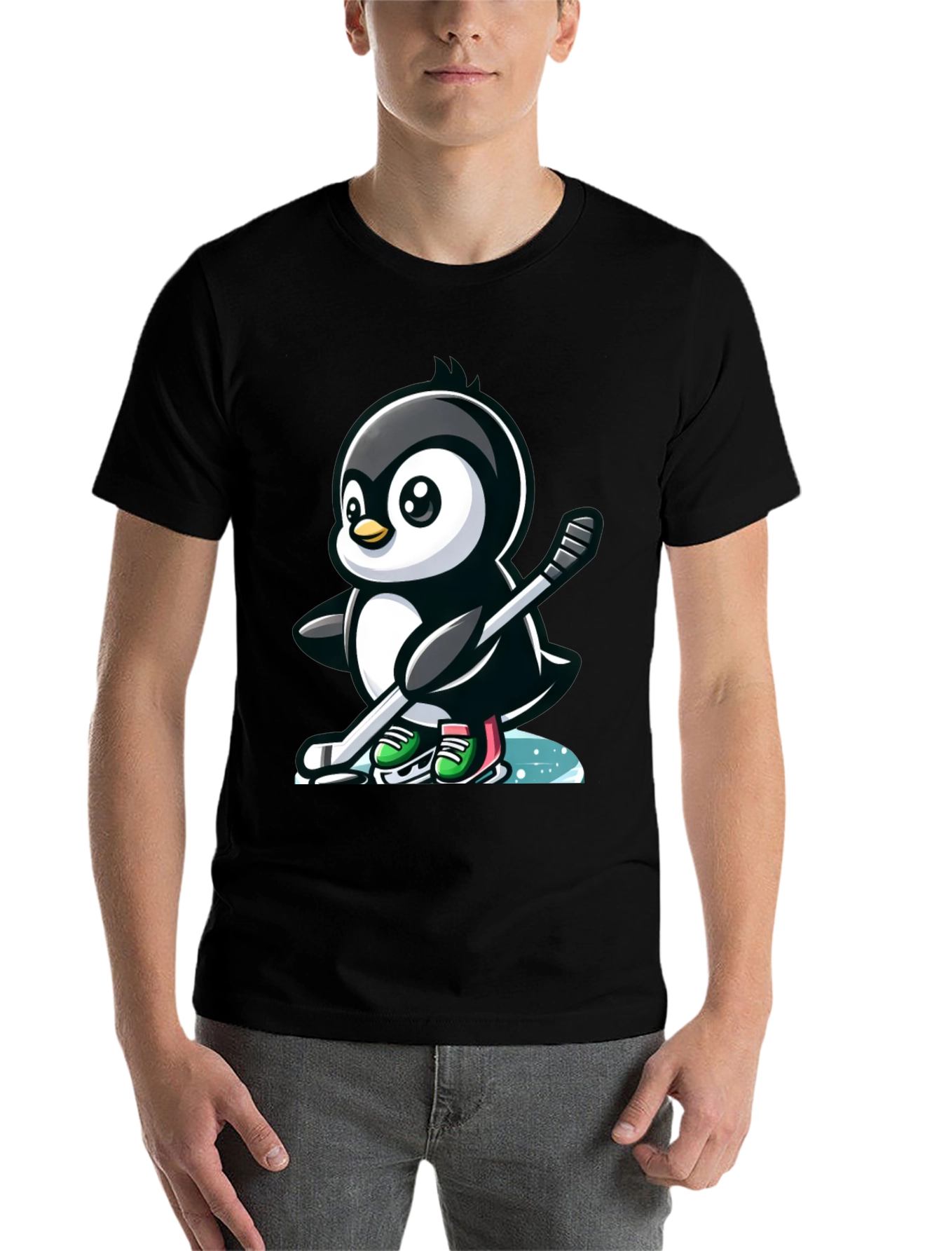 Black Hockey Penguin T-Shirt - Cool Cartoon Tee view 7