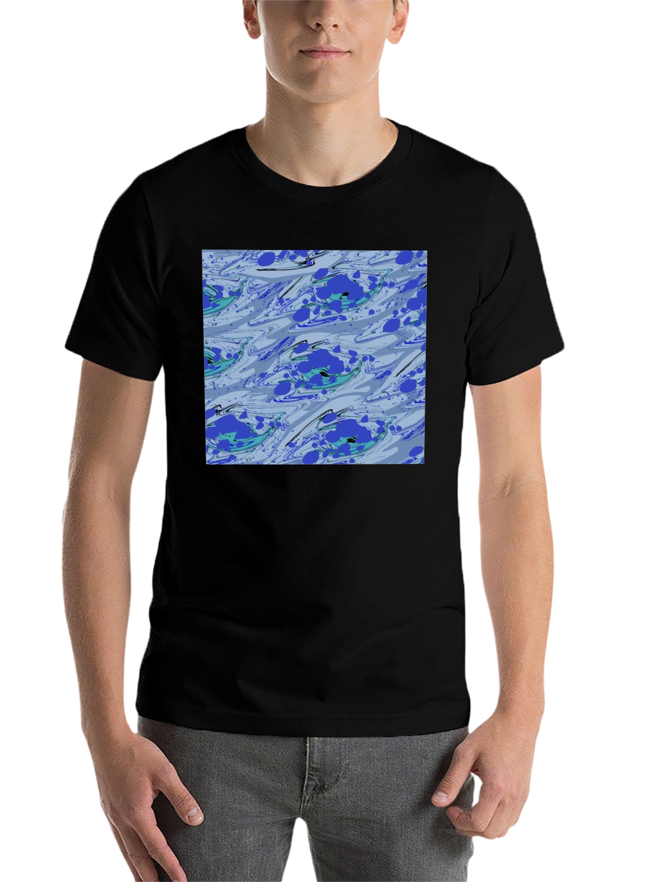 Black Abstract Blue Pattern Black T-Shirt view 7