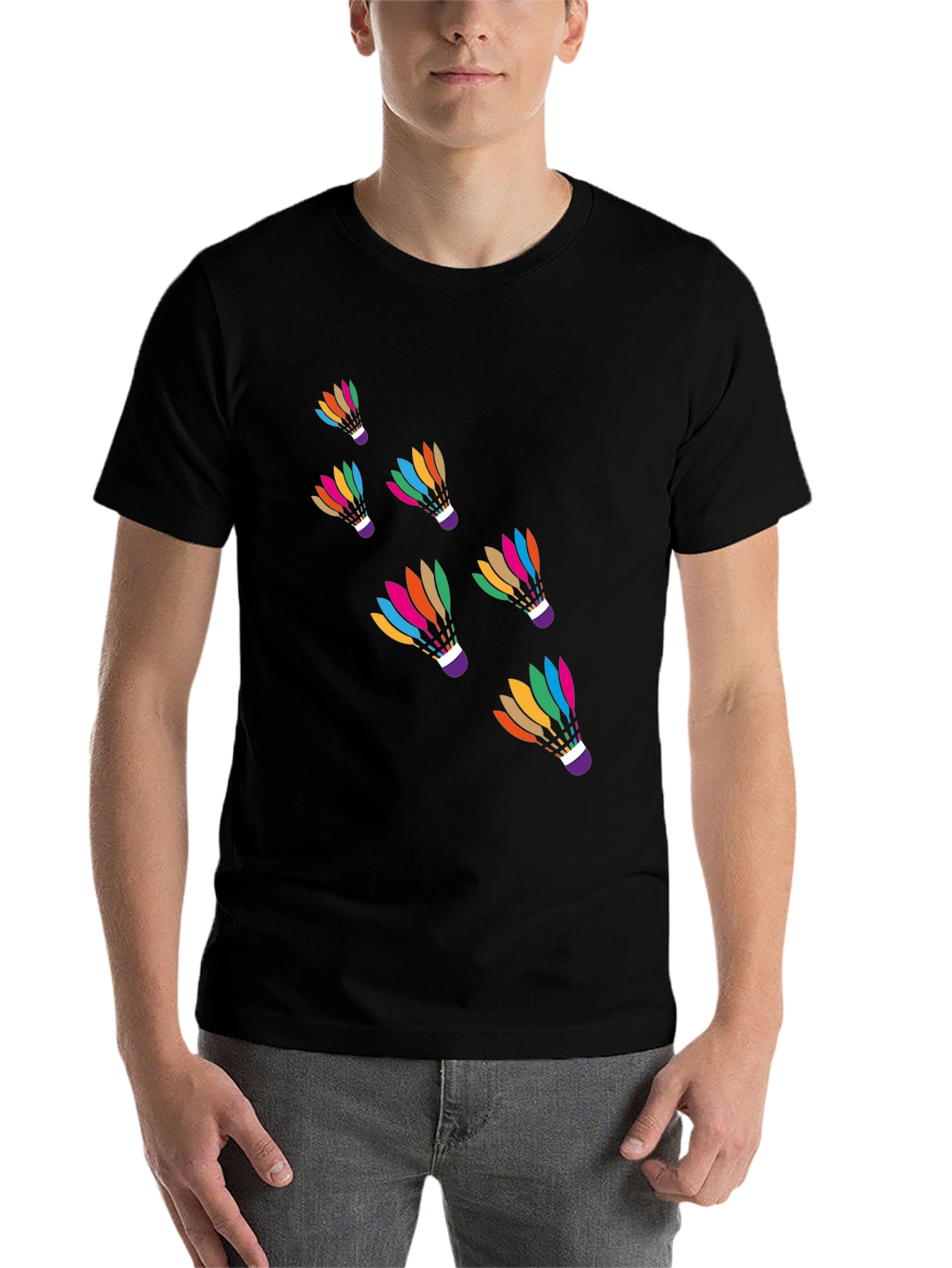 Black Colorful Badminton Shuttlecock Graphic Tee - Black Cotton T-Shirt view 7