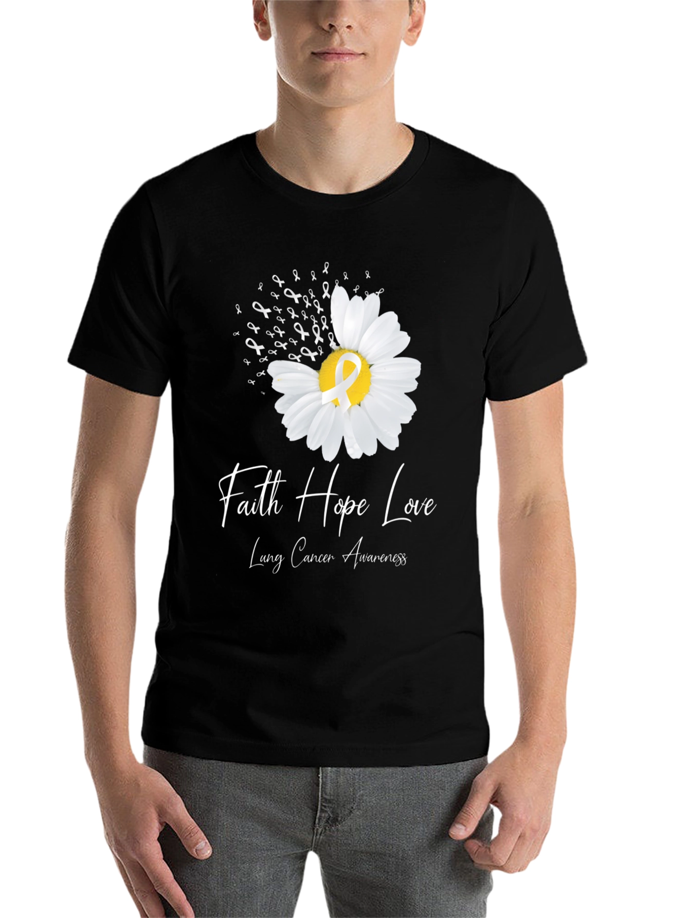 Black Faith Hope Love Lung Cancer Awareness T-Shirt view 7