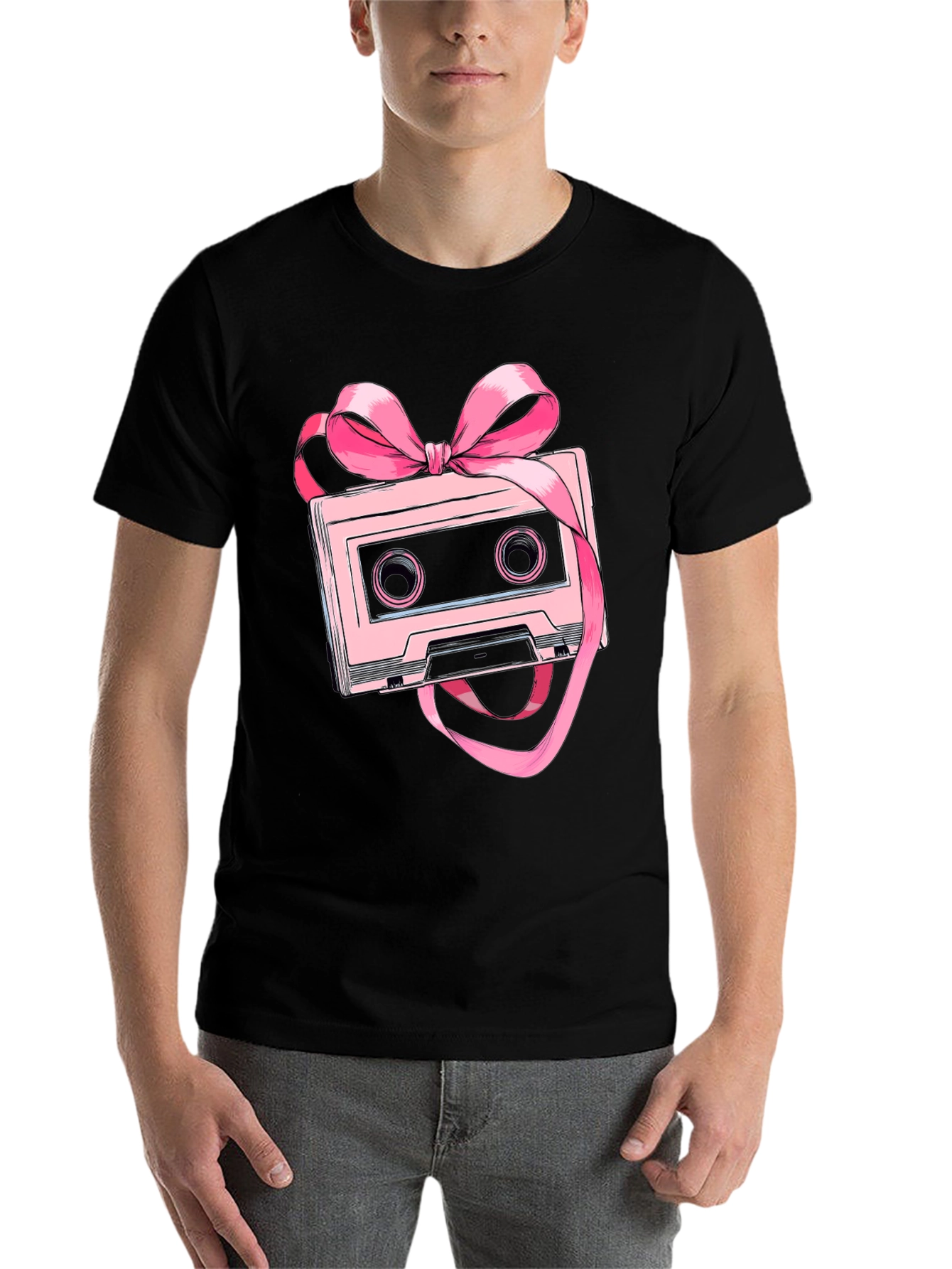 Black Retro Cassette Tape Pink Bow T-Shirt view 7