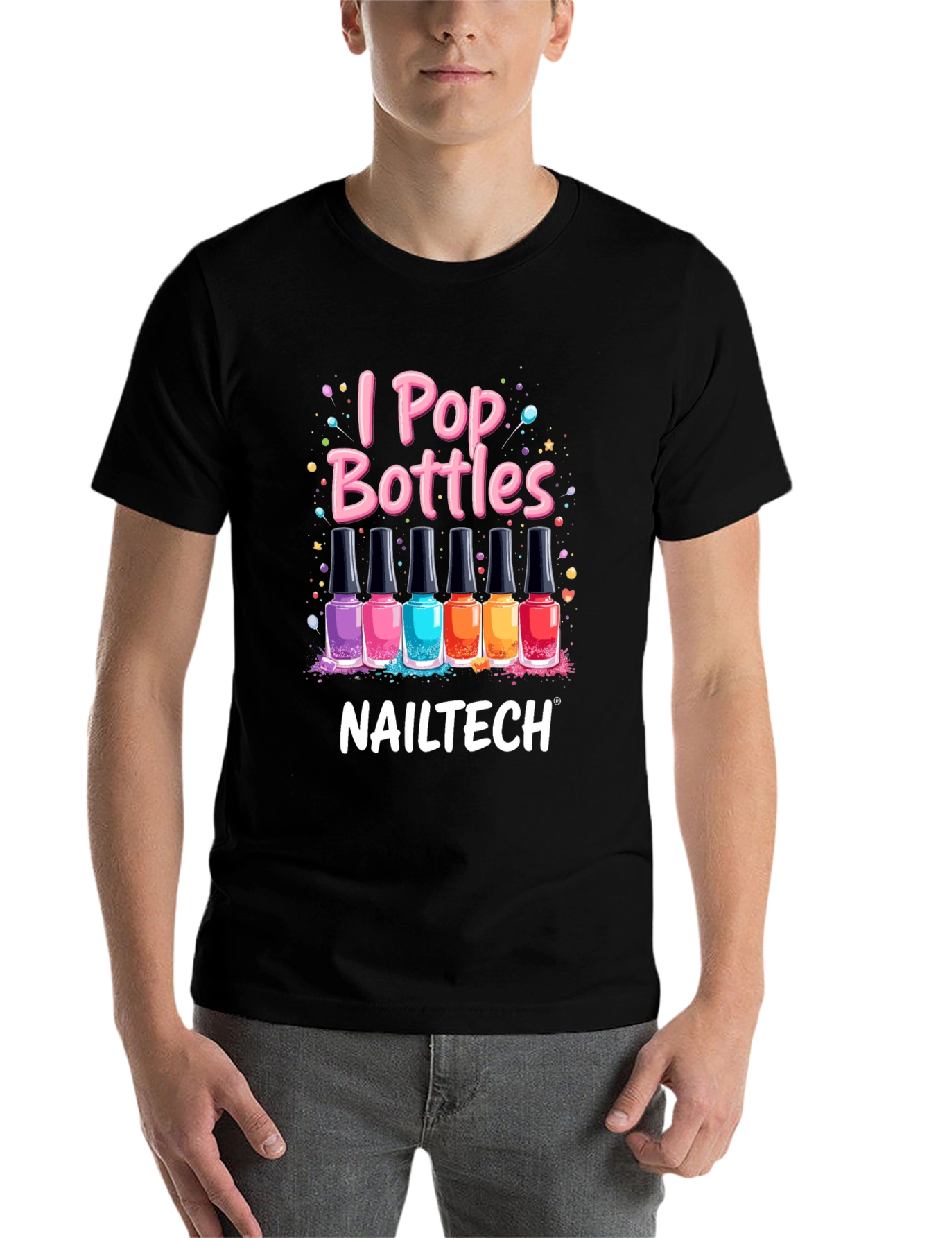 Black I Pop Bottles Nail Tech T-Shirt view 7