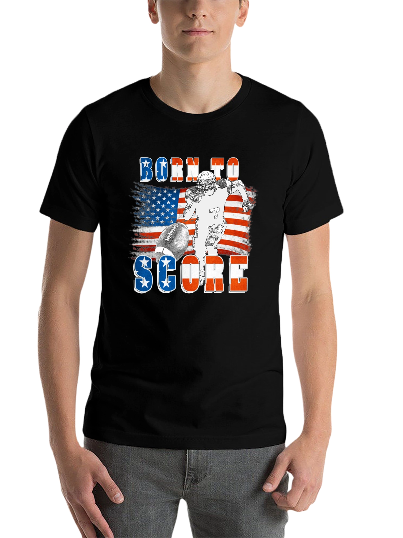 Black Born To Score Football USA Flag T-Shirt view 7
