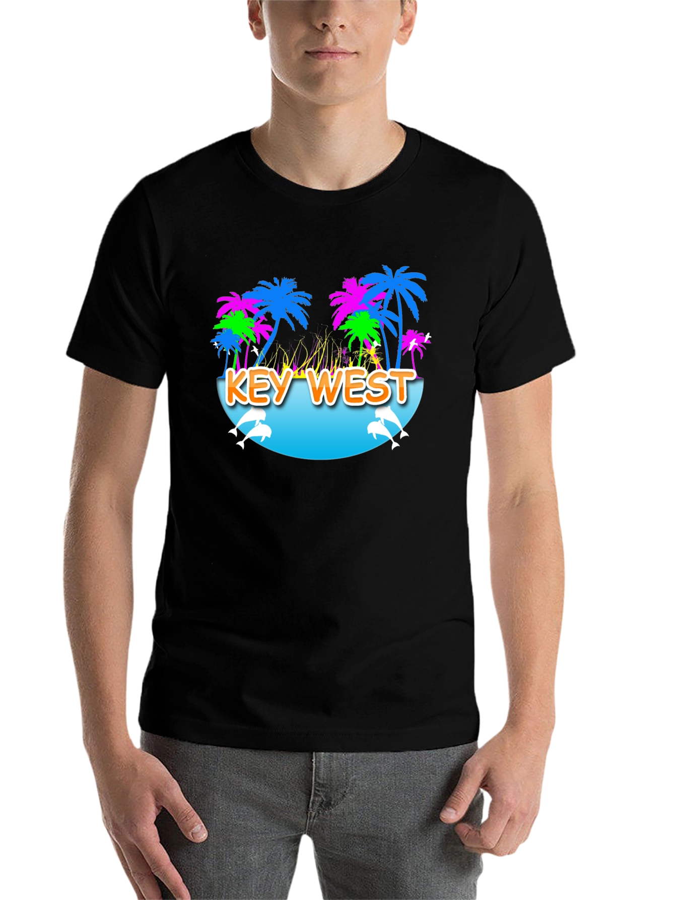 Black Key West Palm Tree Dolphin Graphic Tee view 7
