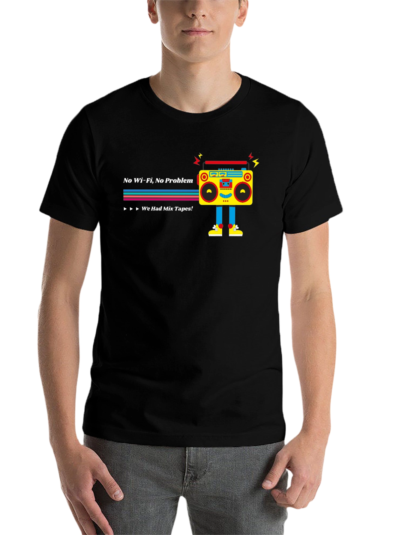 Black Retro Boombox T-Shirt - No Wifi, No Problem! view 7