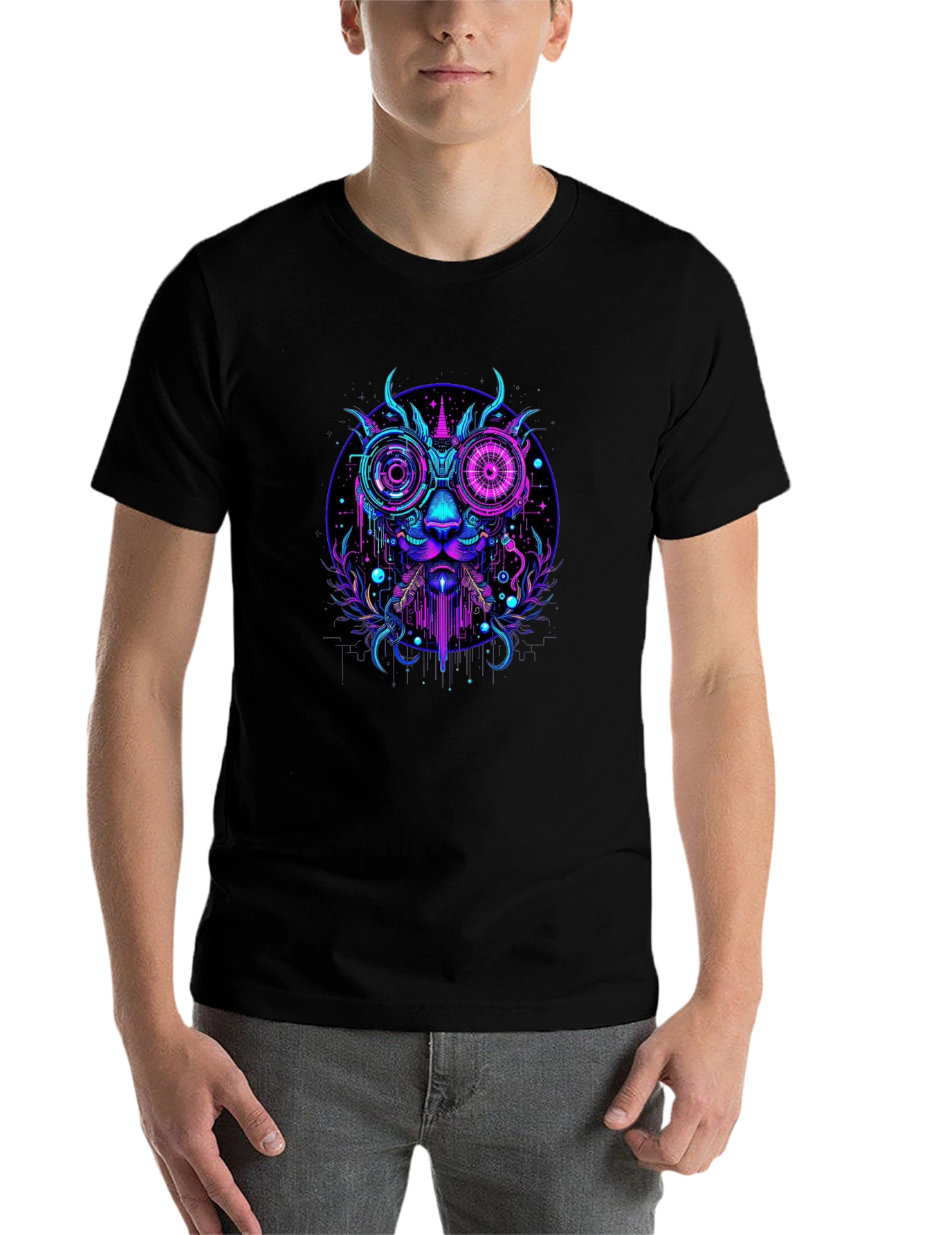 Black Cyberpunk Unicorn Graphic Tee - Bold Neon Design view 7