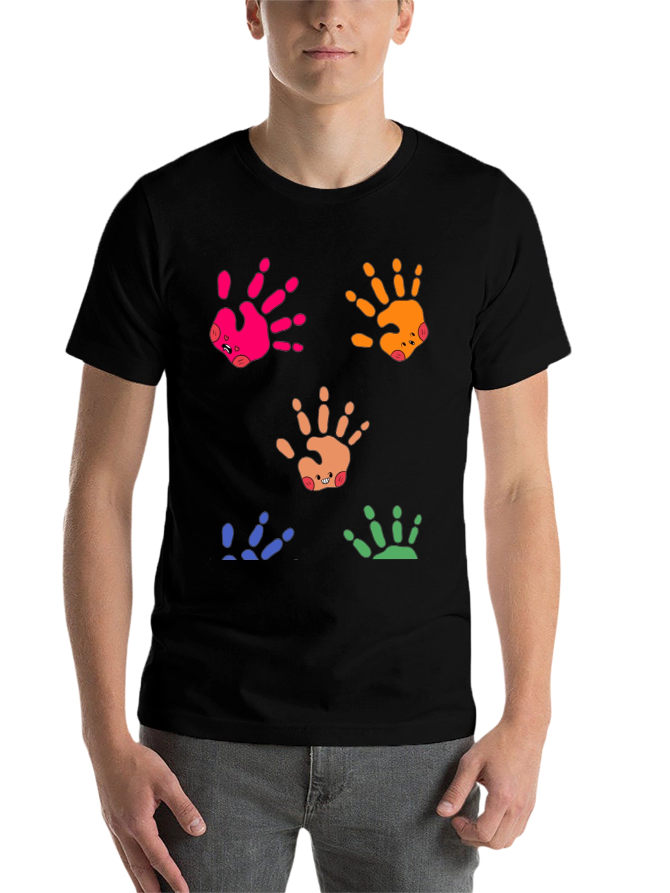 Black Colorful Handprint Graphic Tee - Whimsical Casual Wear view 7