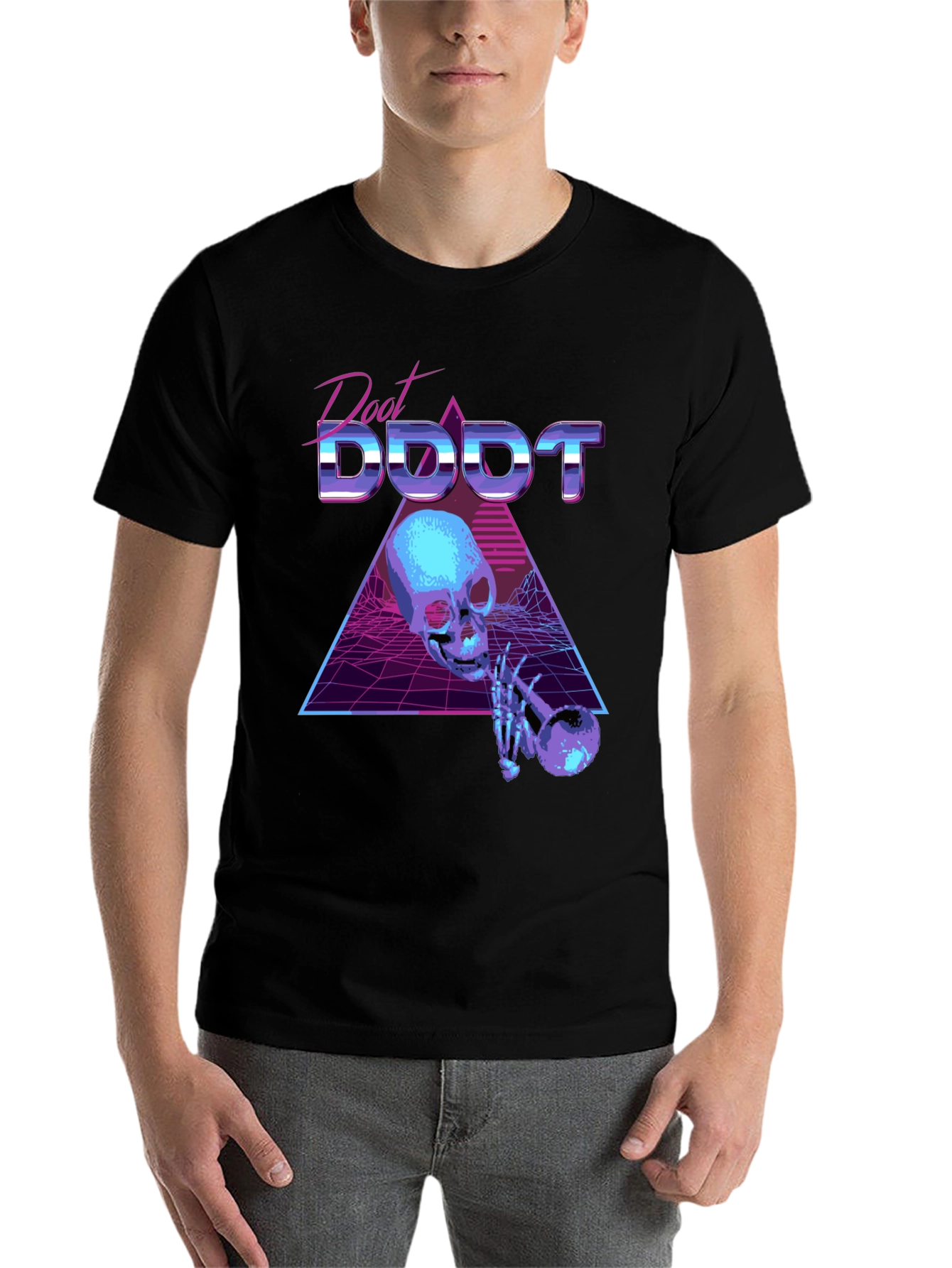 Black Synthwave Skeleton Trumpet Graphic Tee view 7