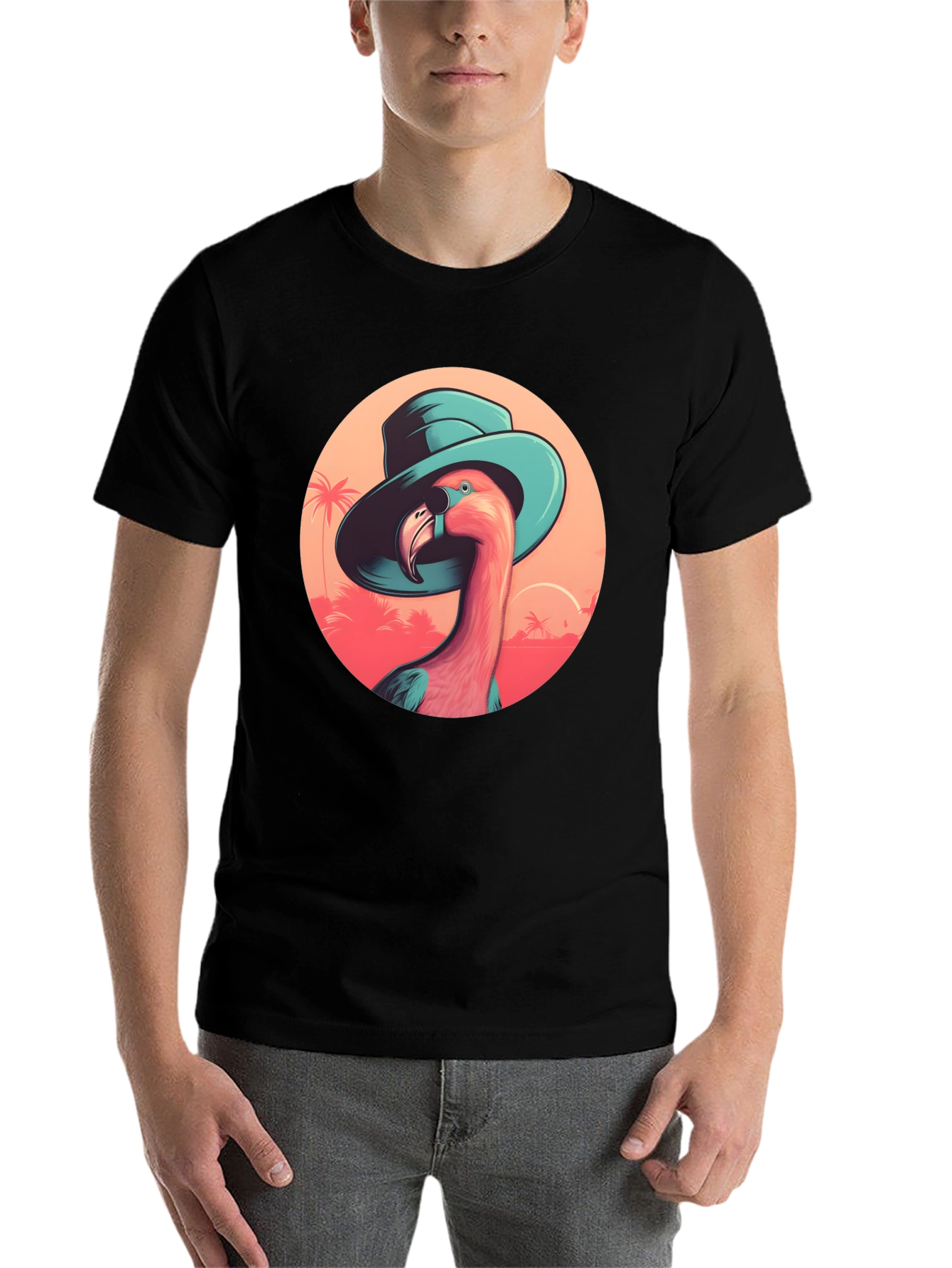 Black Flamingo in Hat Graphic Tee - Tropical Vacation Style view 7