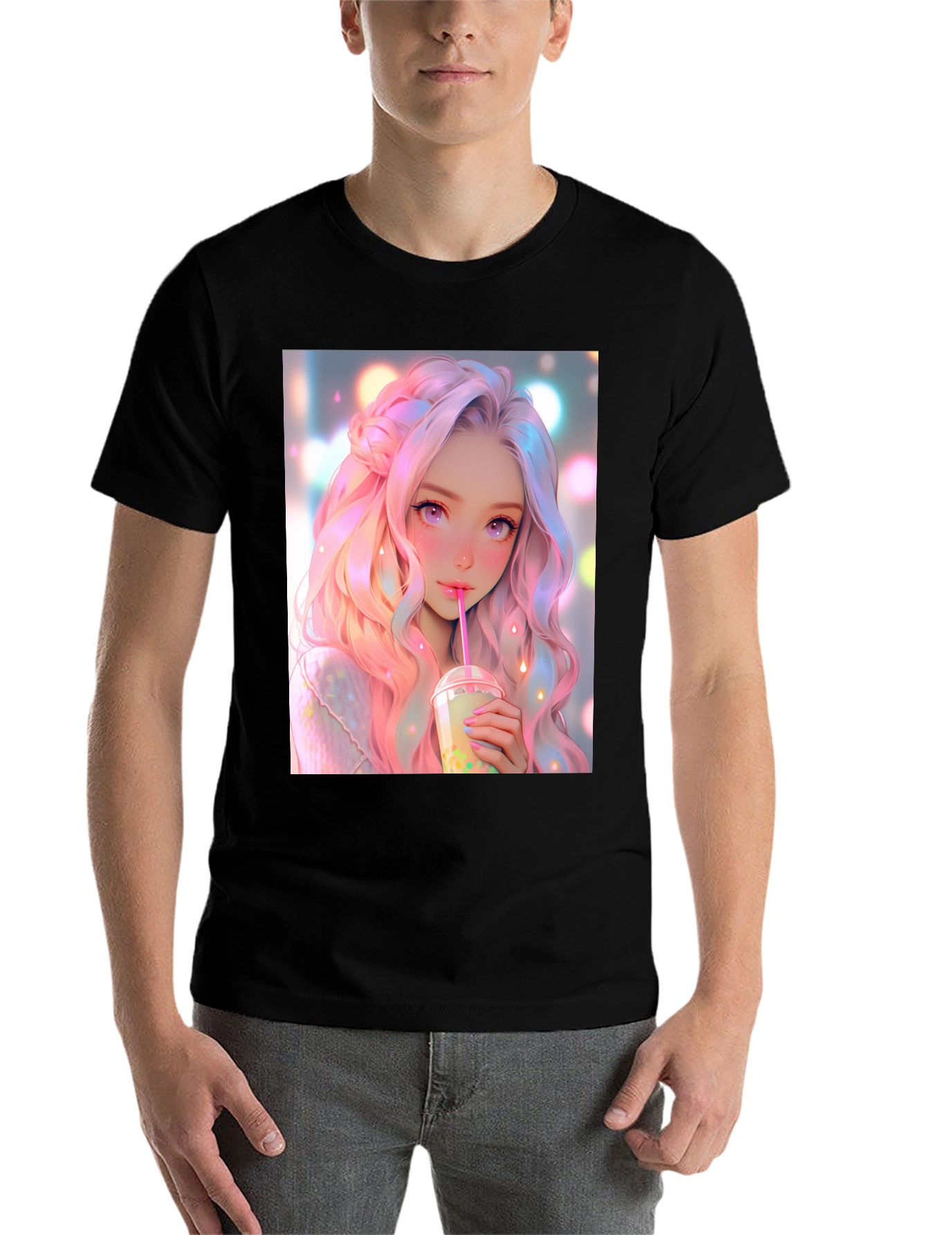 Black Anime Girl Bubble Tea Graphic T-Shirt view 7