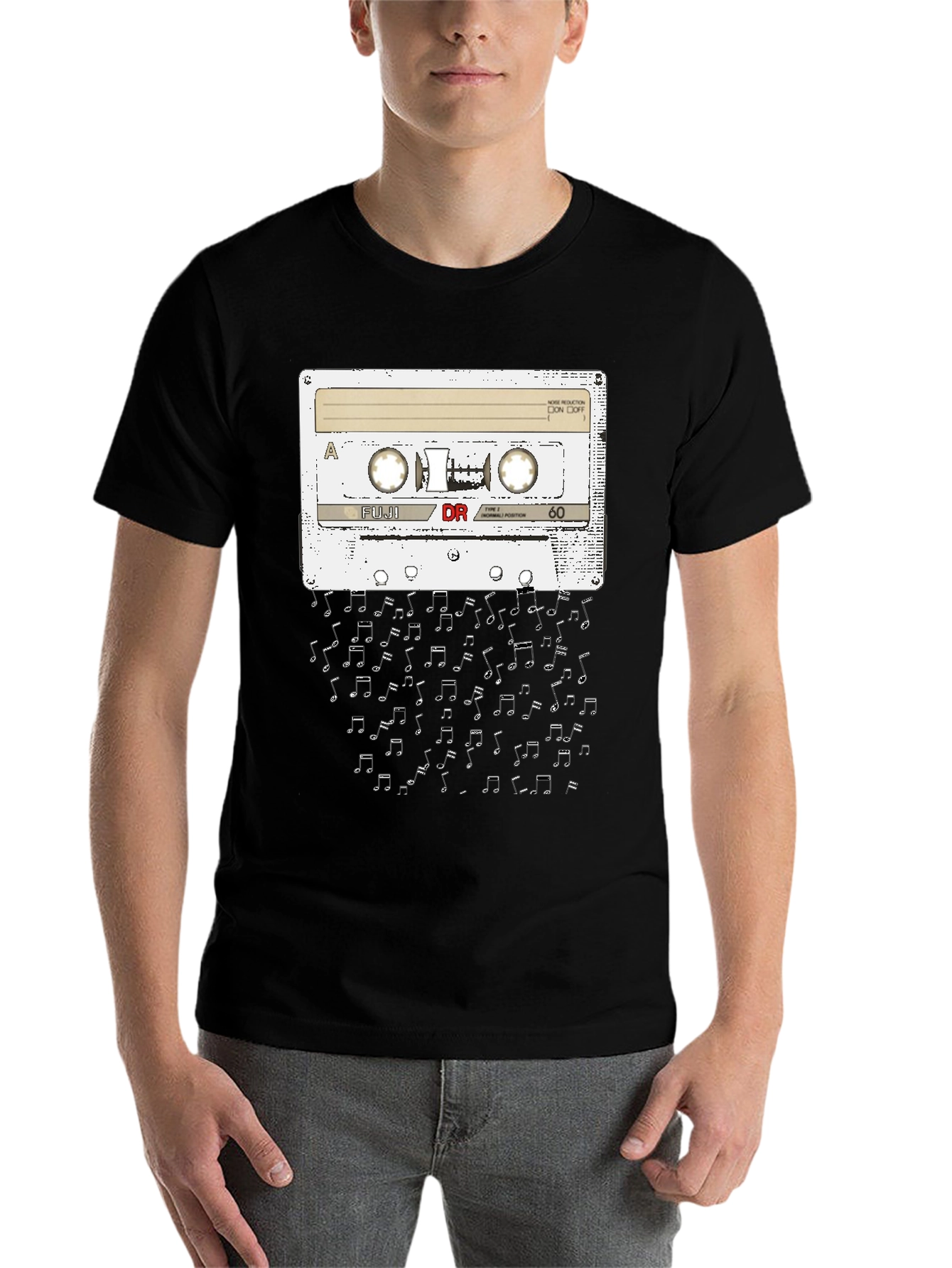 Black Retro Cassette Tape Music Notes Graphic T-Shirt view 7
