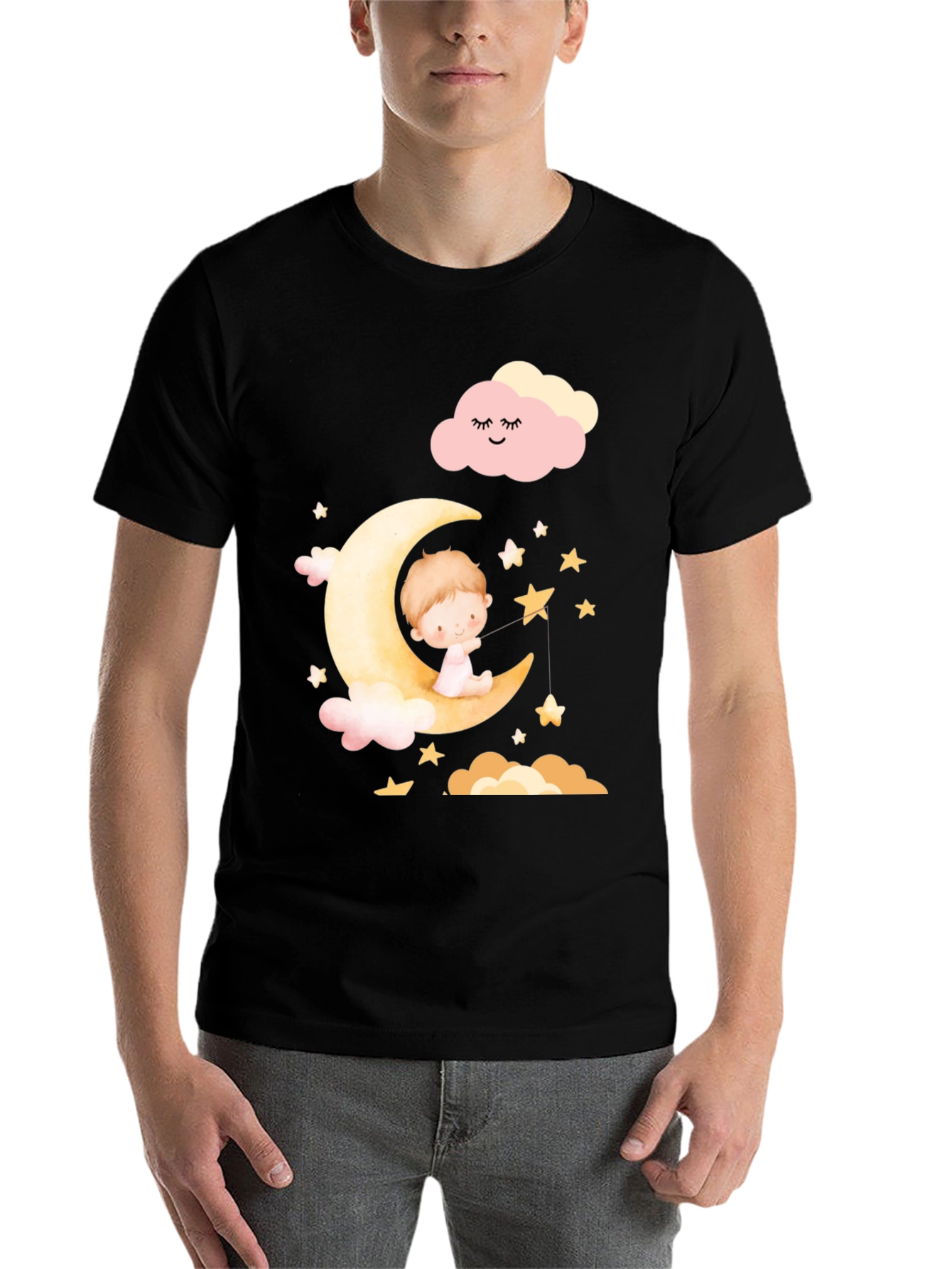 Black Cute Baby on Moon Graphic T-Shirt - Unisex view 7