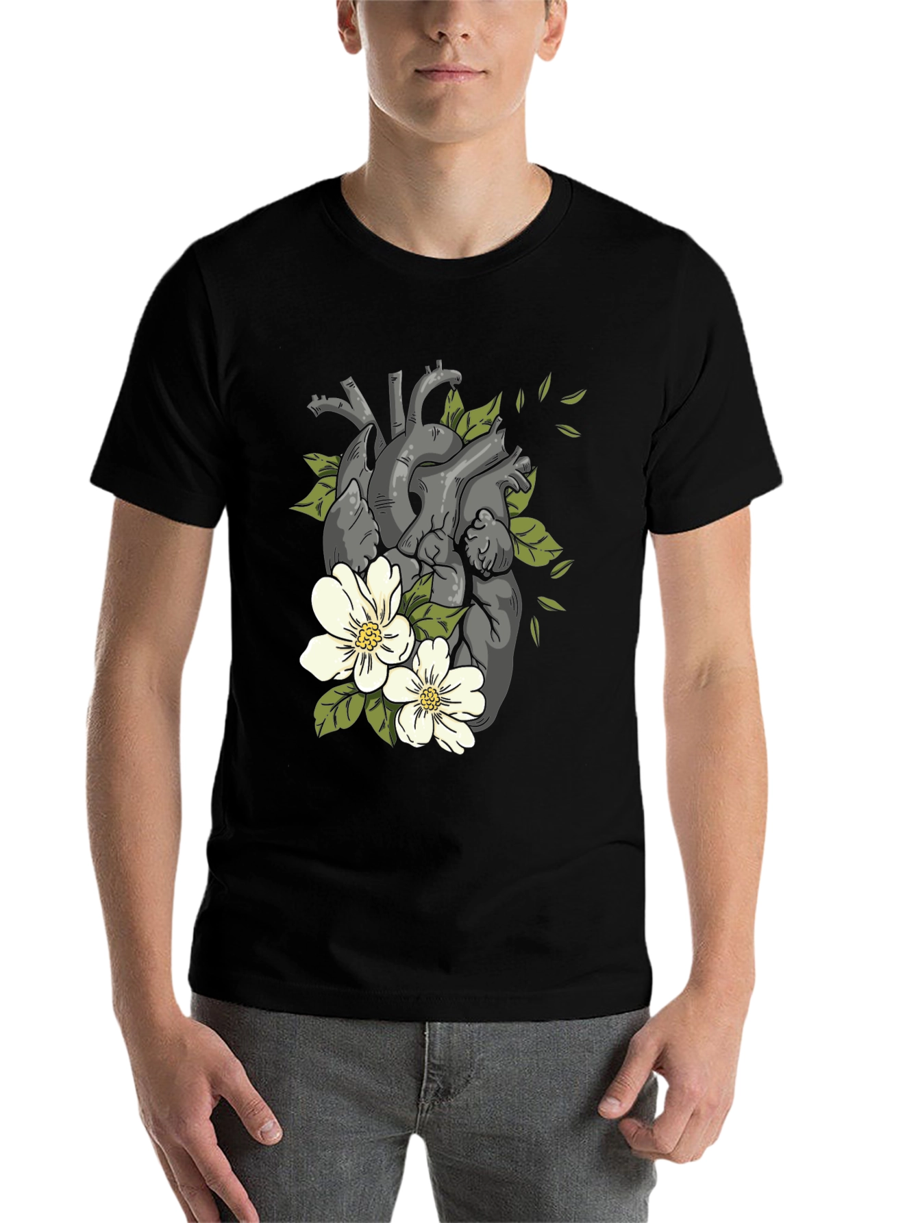 Black Floral Heart Print Black T-Shirt view 7