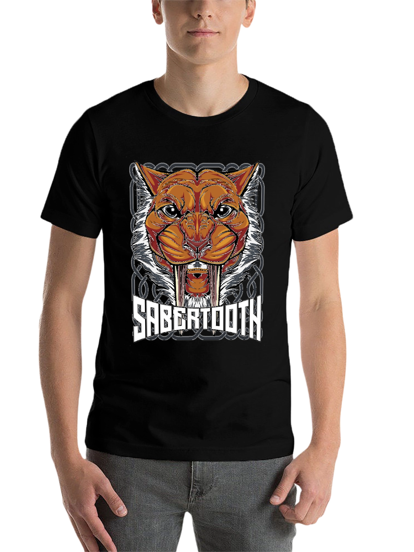 Black Sabertooth Tiger Graphic Print T-Shirt view 7
