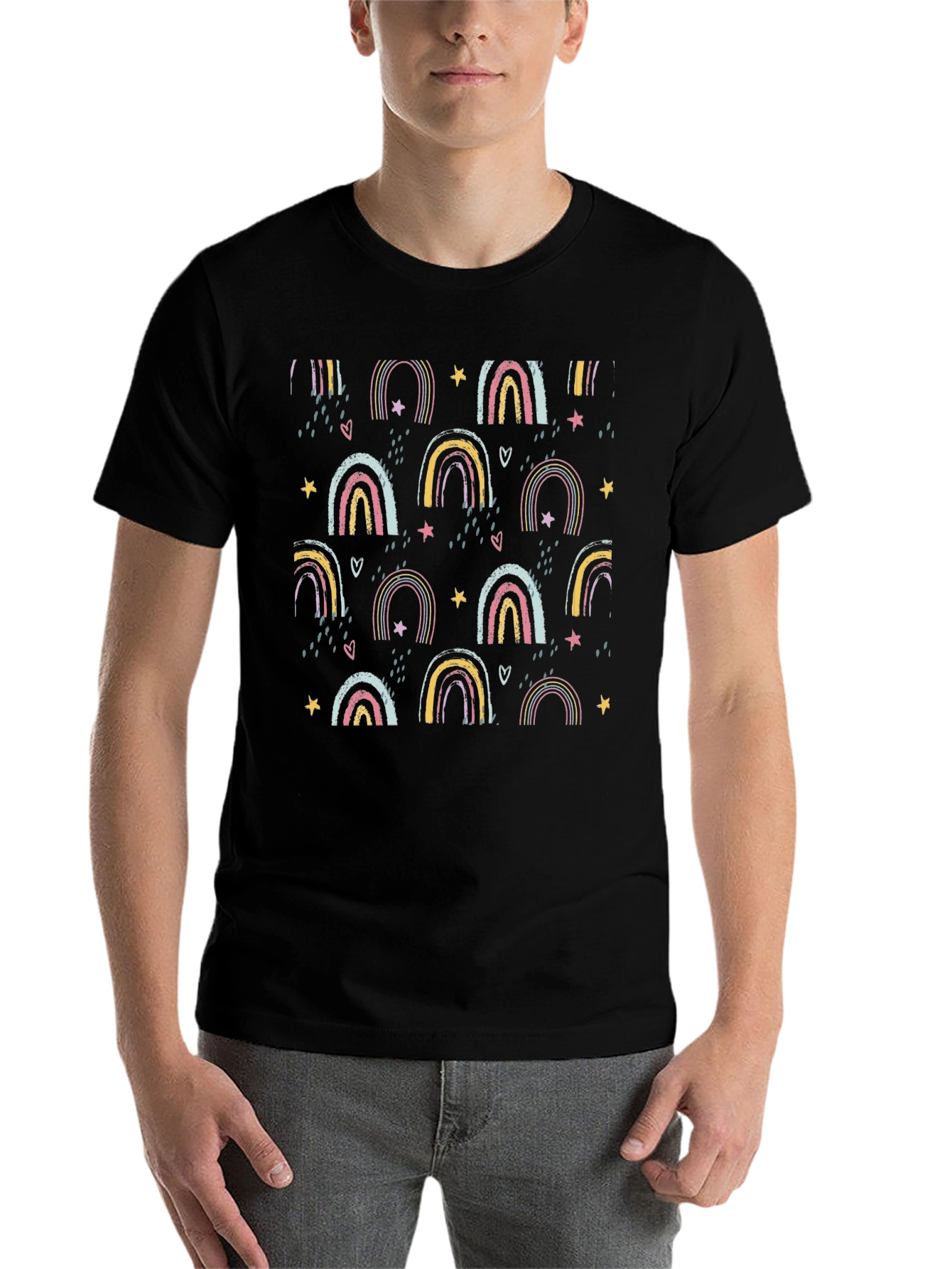 Black Rainbow Star Pattern Black T-Shirt view 7