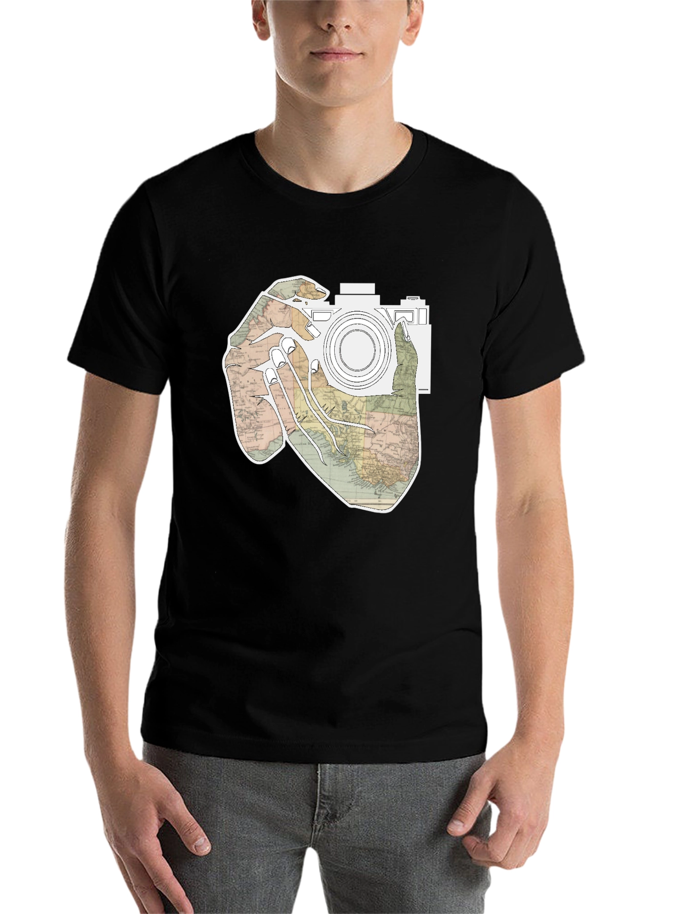 Black World Map Camera T-Shirt view 7