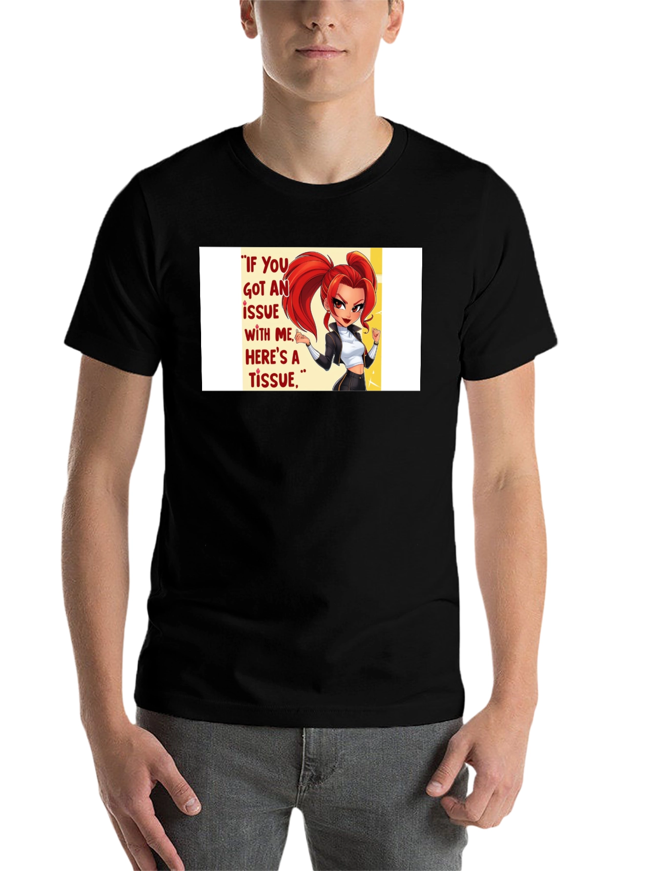Black Sassy Cartoon Graphic T-Shirt - "Tissue" Quote view 7
