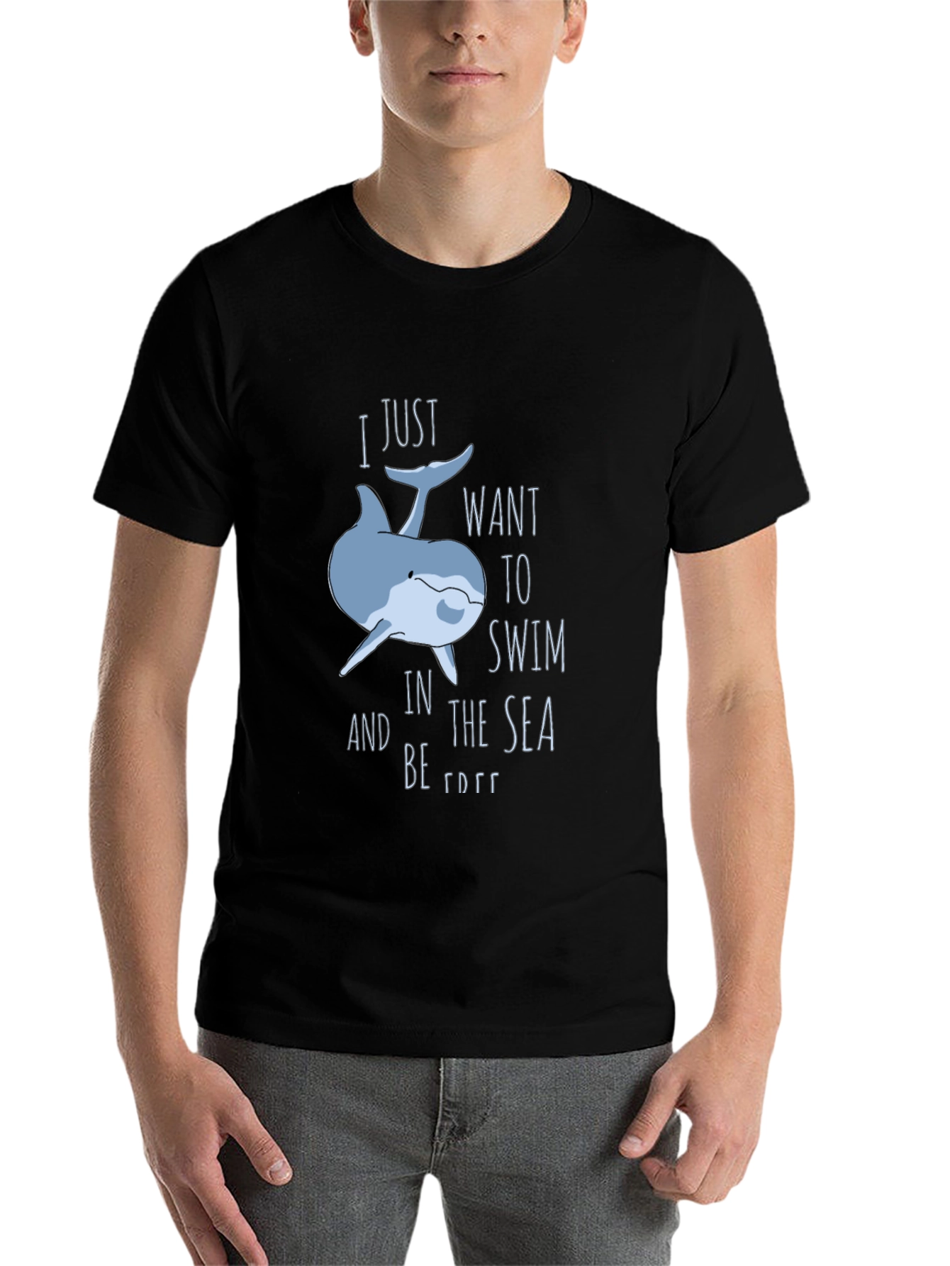 Black Whimsical Dolphin T-Shirt: Swim Free view 7