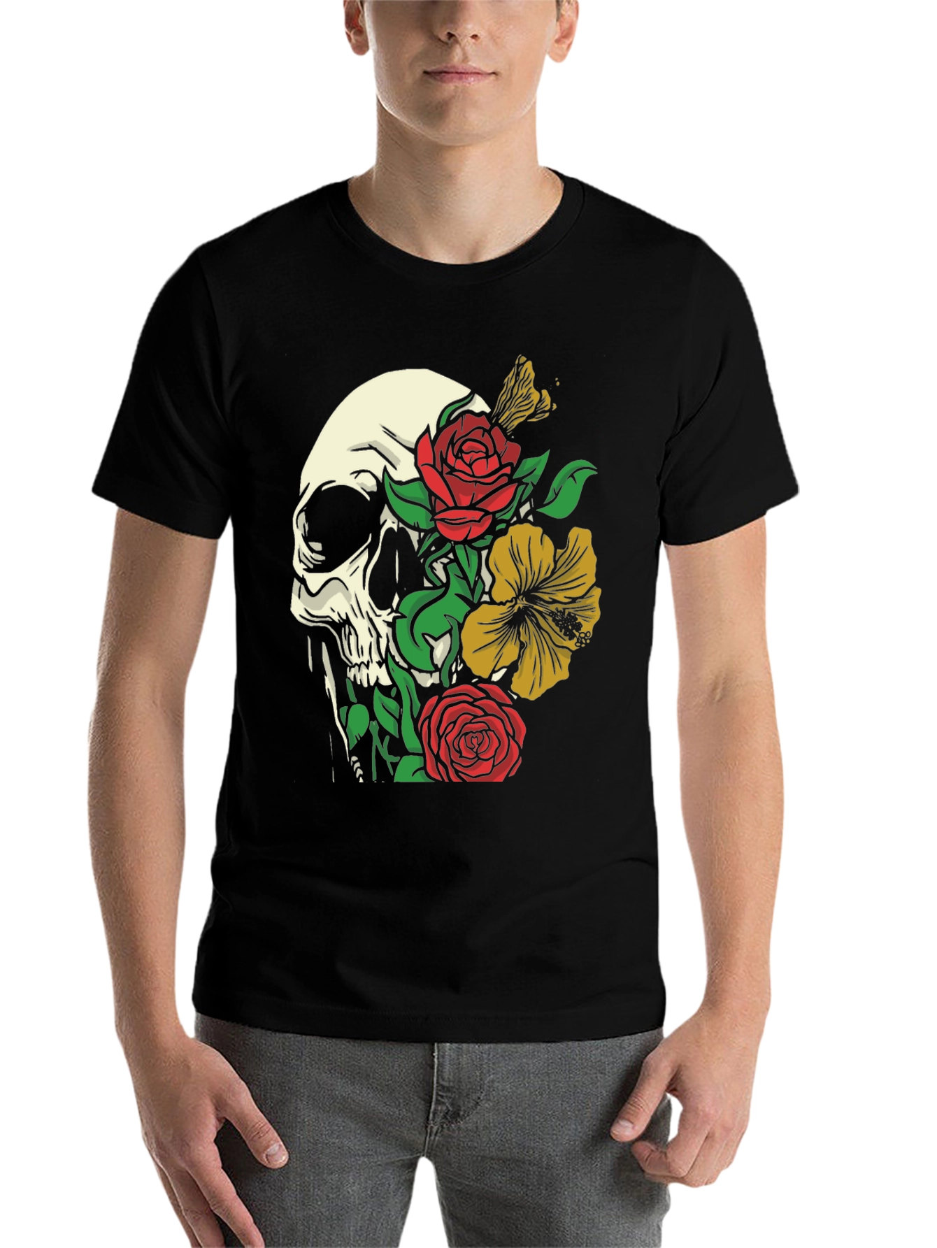 Black Skull & Floral Graphic Tee - Trendy Style view 7